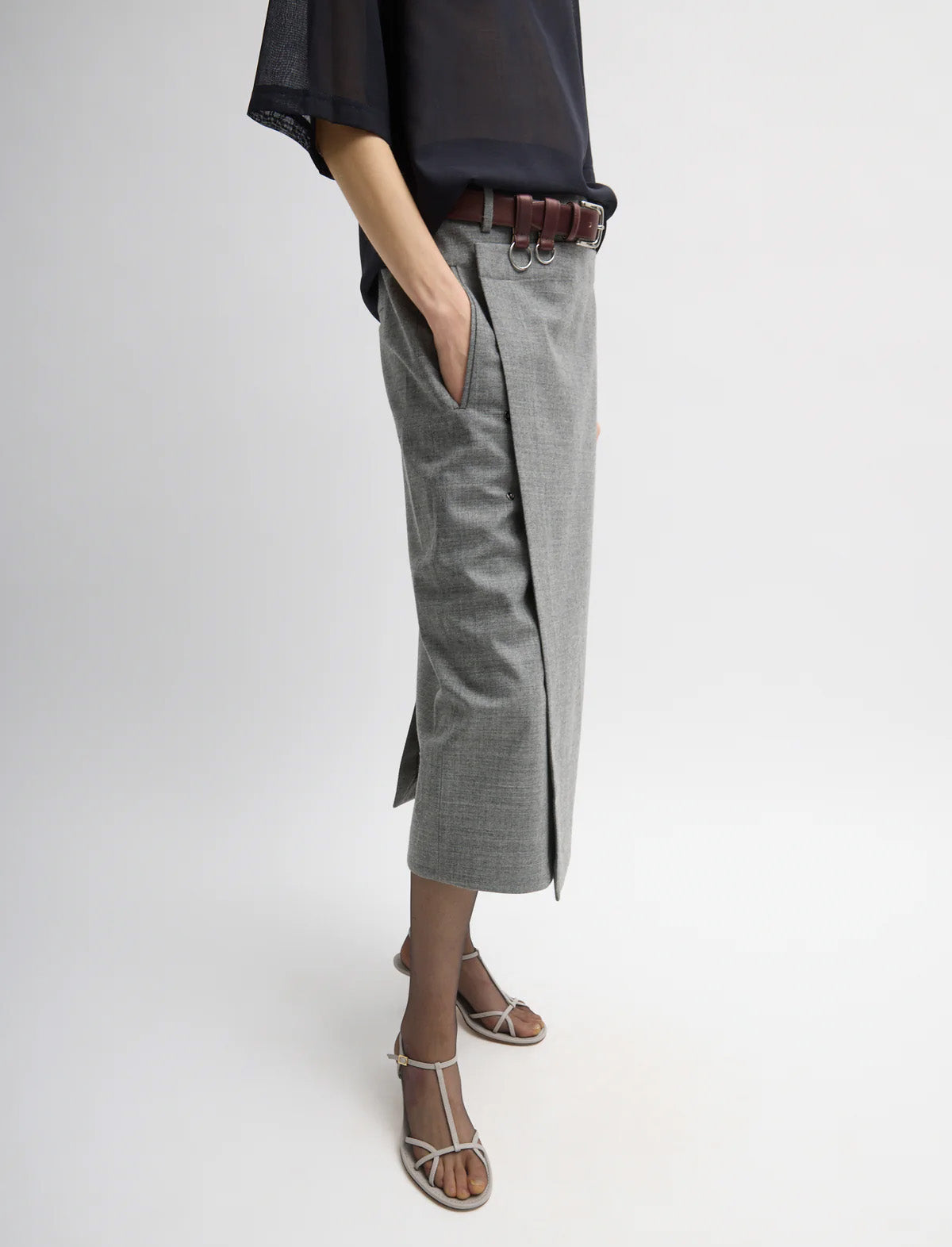 TIBI Techy Bonded Wool Wrap Midi Skirt in Grey