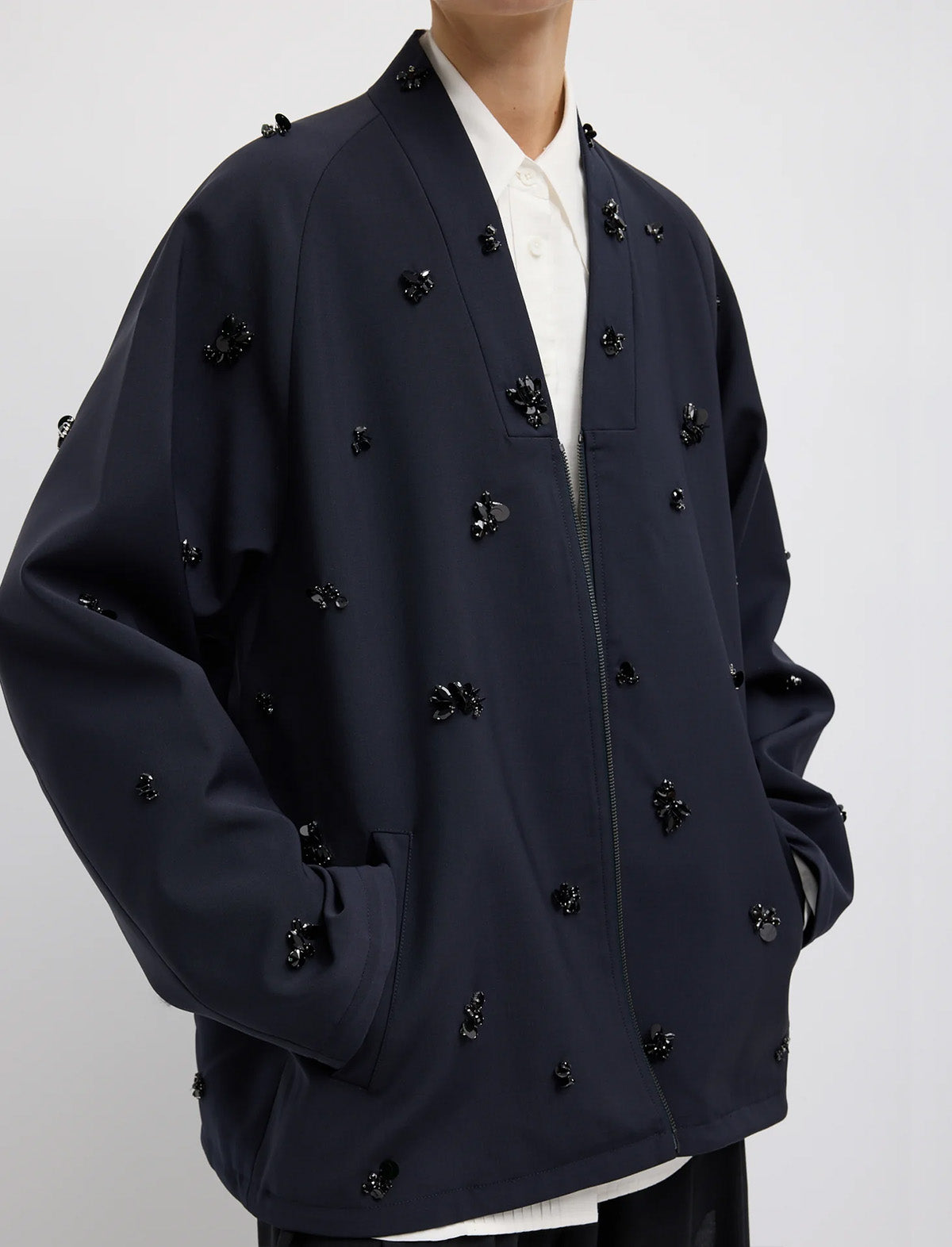 TIBI Tropical Wool Beaded Bomber Jacket in Navy