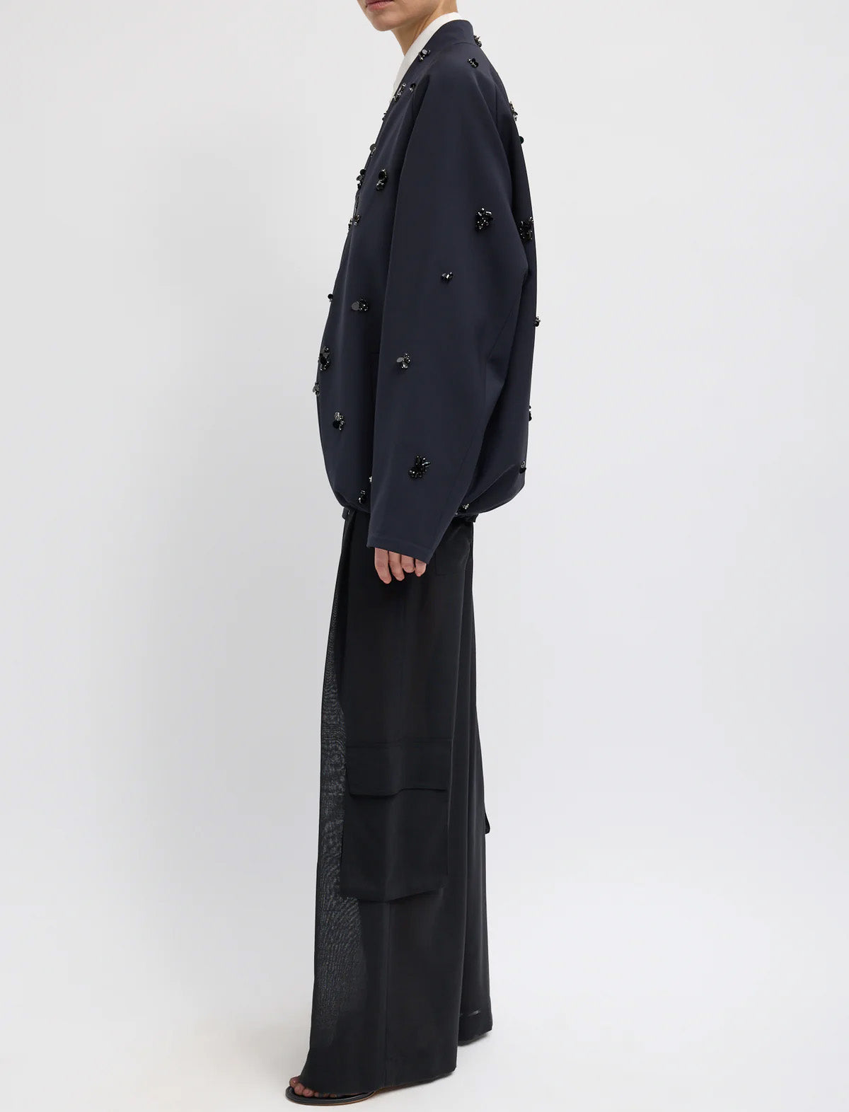 TIBI Tropical Wool Beaded Bomber Jacket in Navy