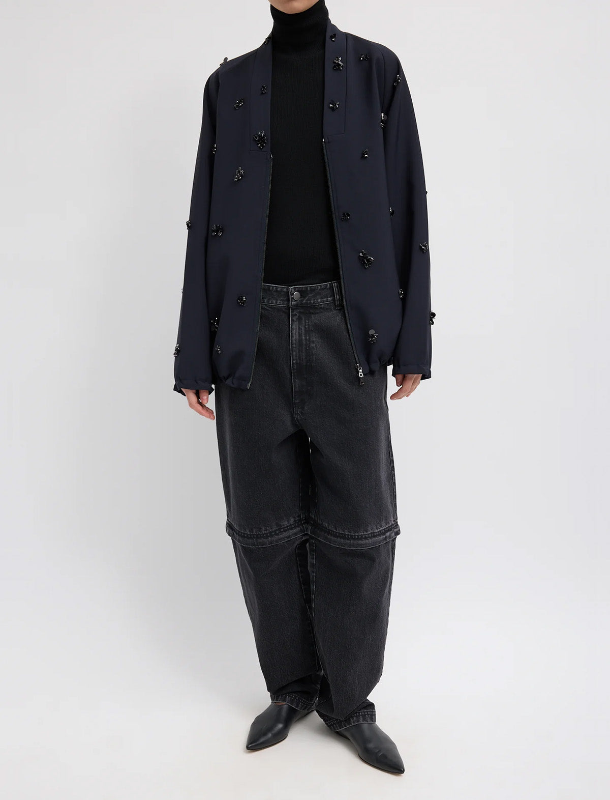 TIBI Tropical Wool Beaded Bomber Jacket in Navy