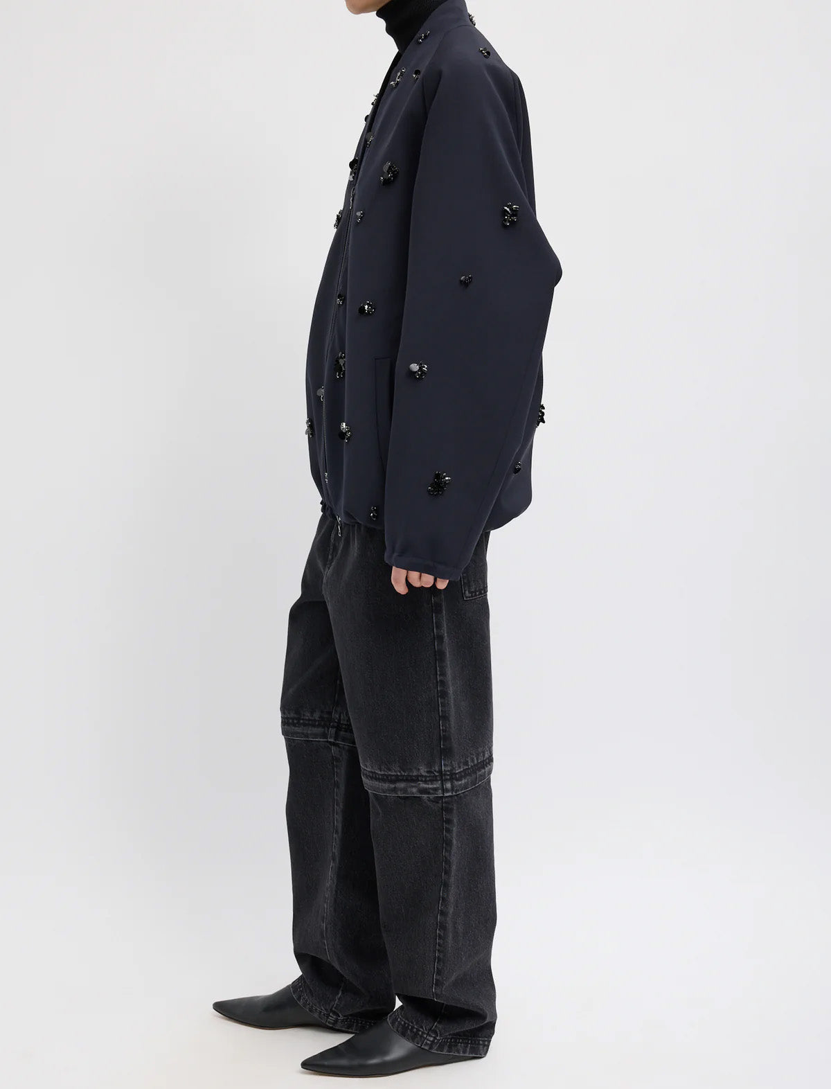 TIBI Tropical Wool Beaded Bomber Jacket in Navy