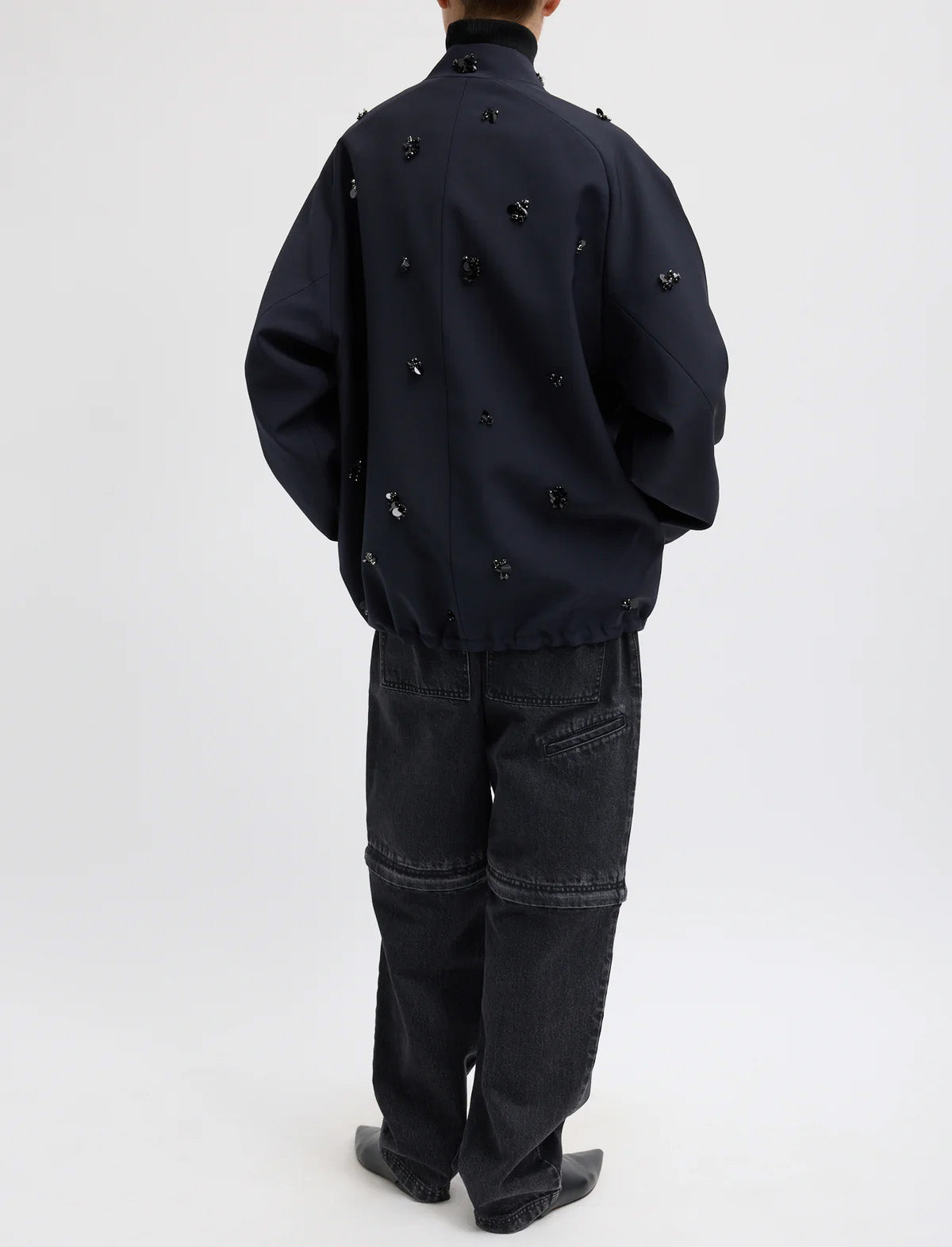 TIBI Tropical Wool Beaded Bomber Jacket in Navy