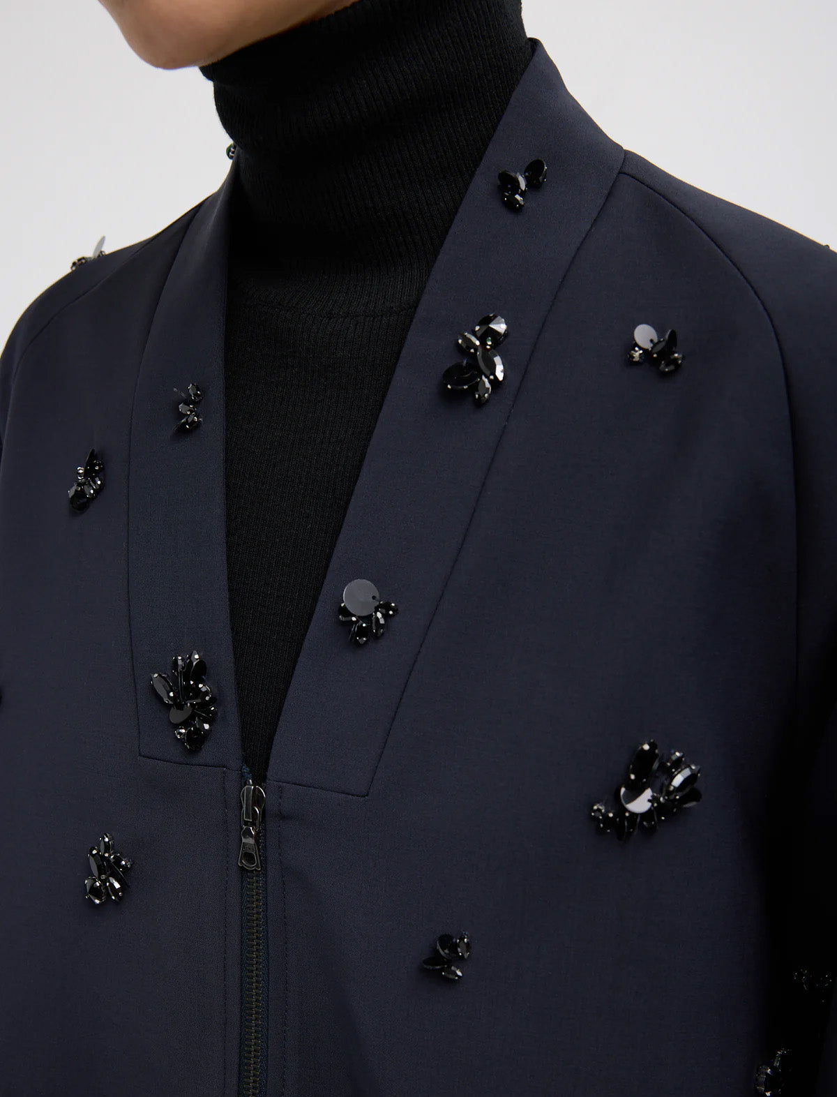 TIBI Tropical Wool Beaded Bomber Jacket in Navy