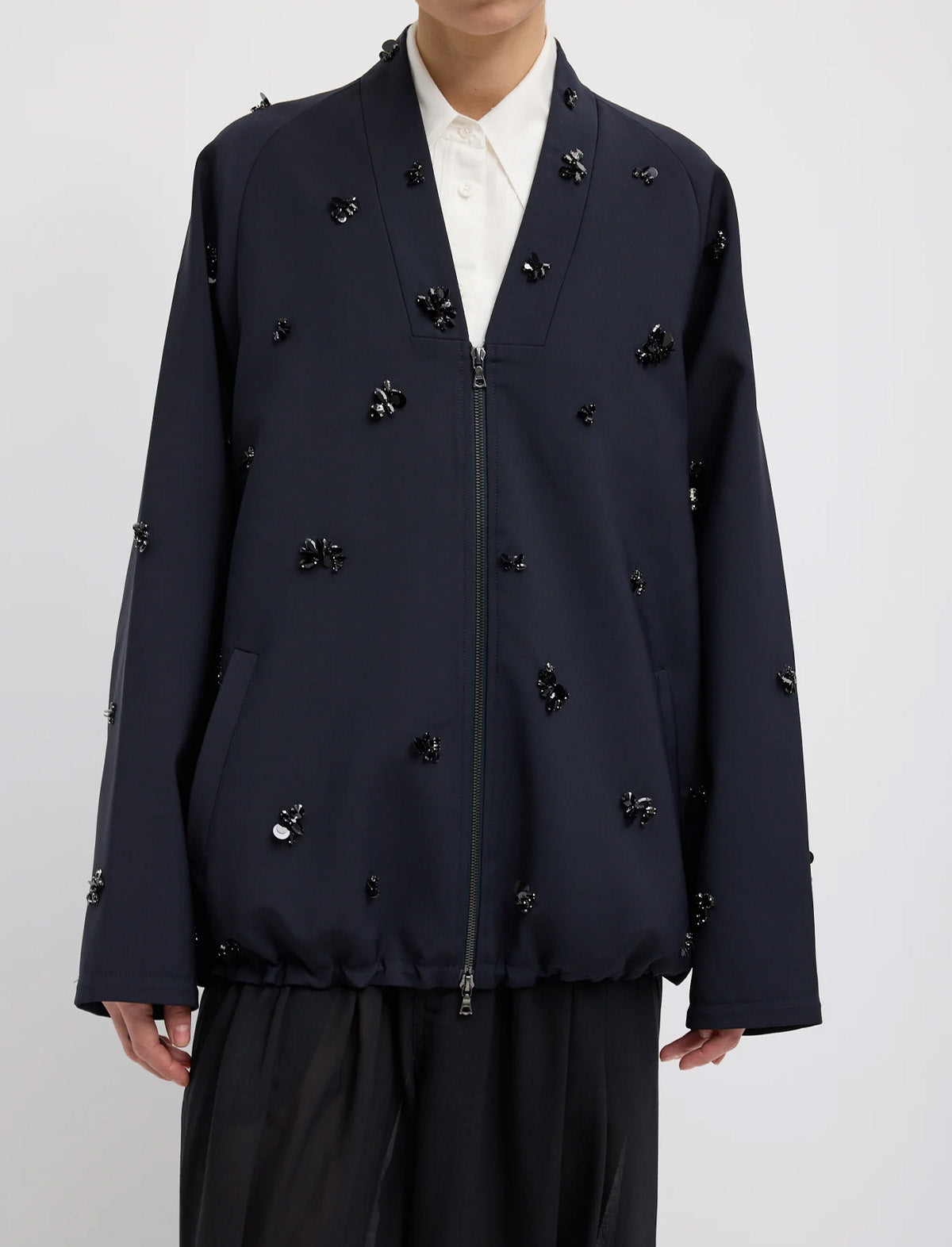 TIBI Tropical Wool Beaded Bomber Jacket in Navy