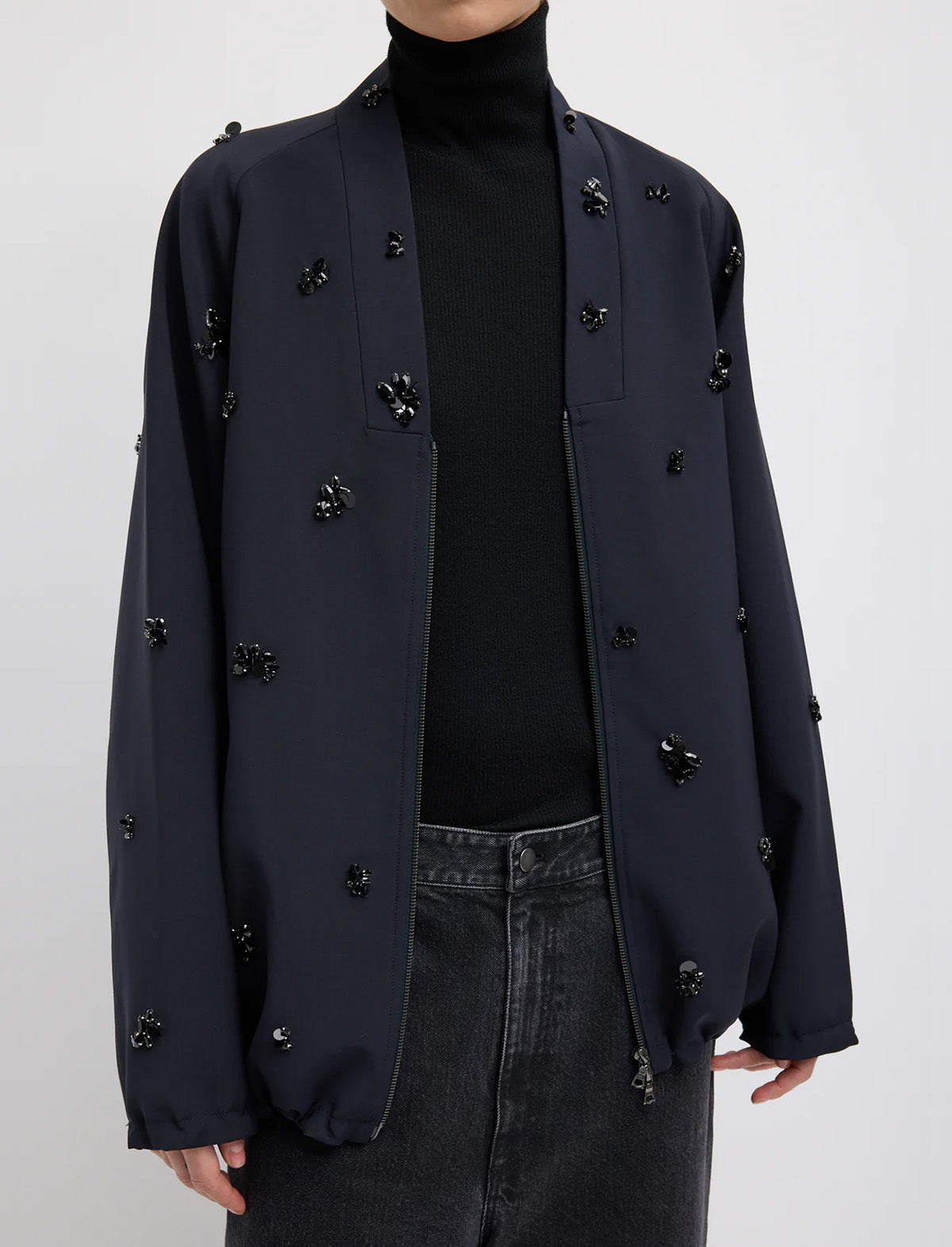 TIBI Tropical Wool Beaded Bomber Jacket in Navy