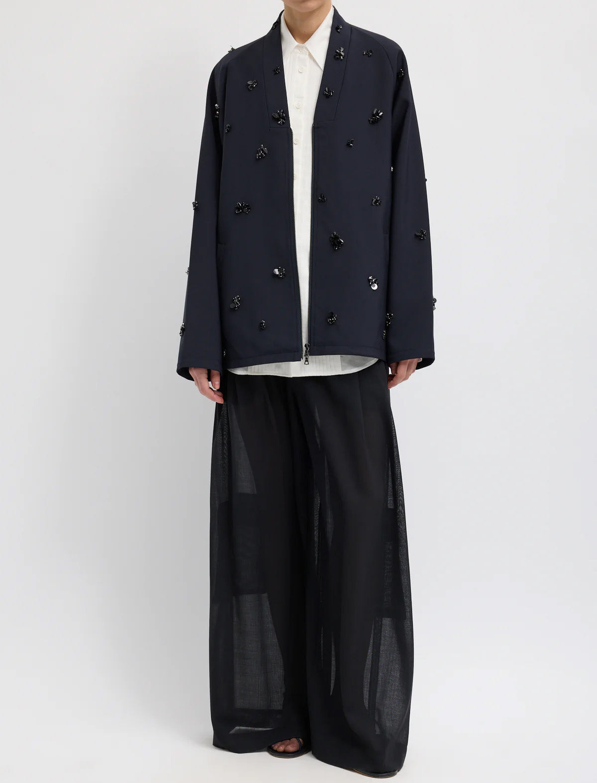 TIBI Tropical Wool Beaded Bomber Jacket in Navy