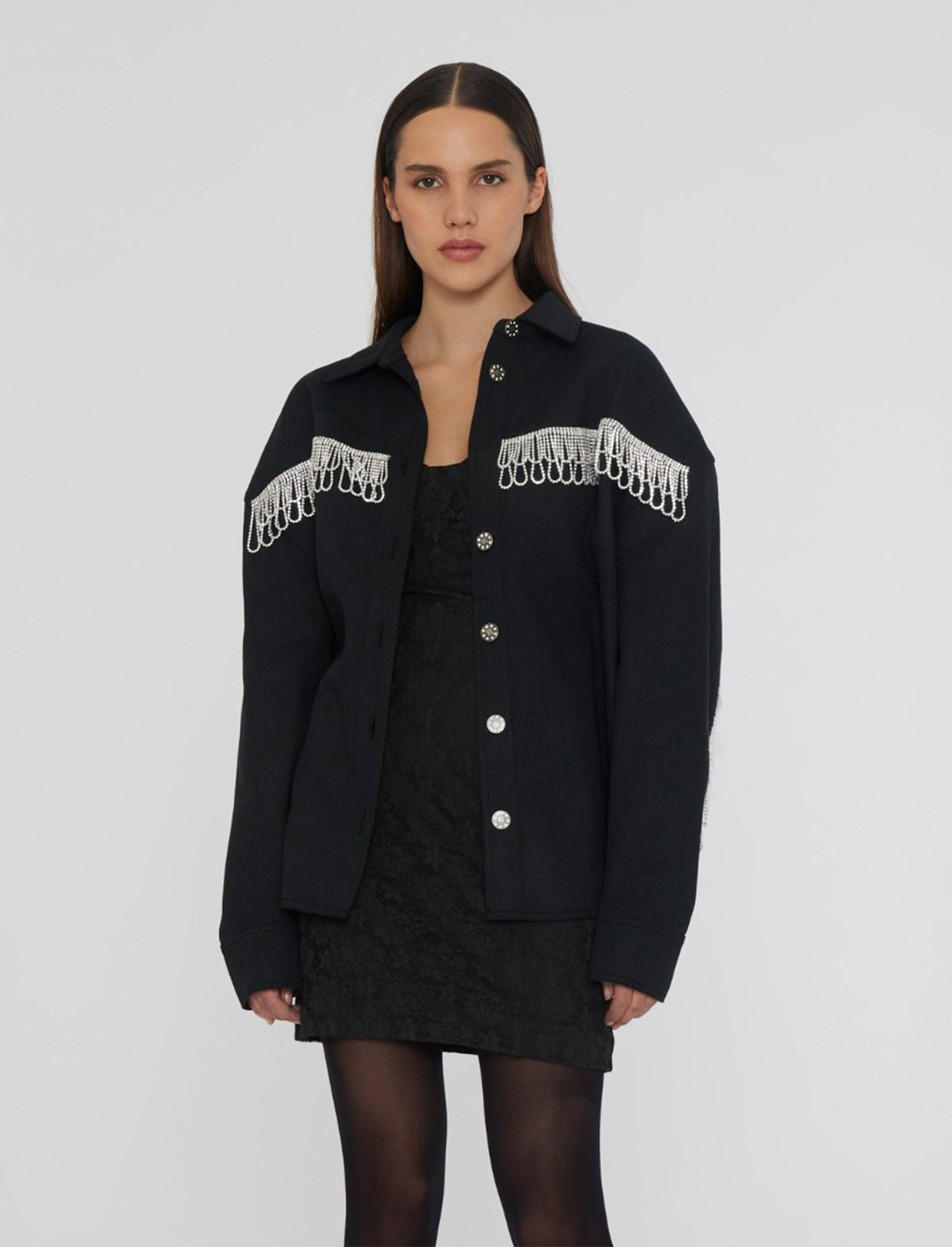 ROTATE BIRGER CHRISTENSEN Crystal Fringe Twill Denim Overshirt in Black