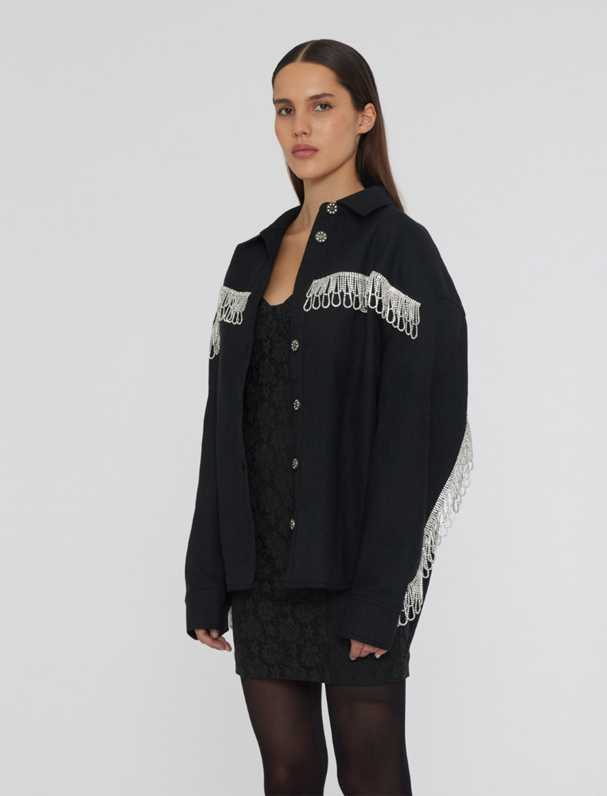 ROTATE BIRGER CHRISTENSEN Crystal Fringe Twill Denim Overshirt in Black