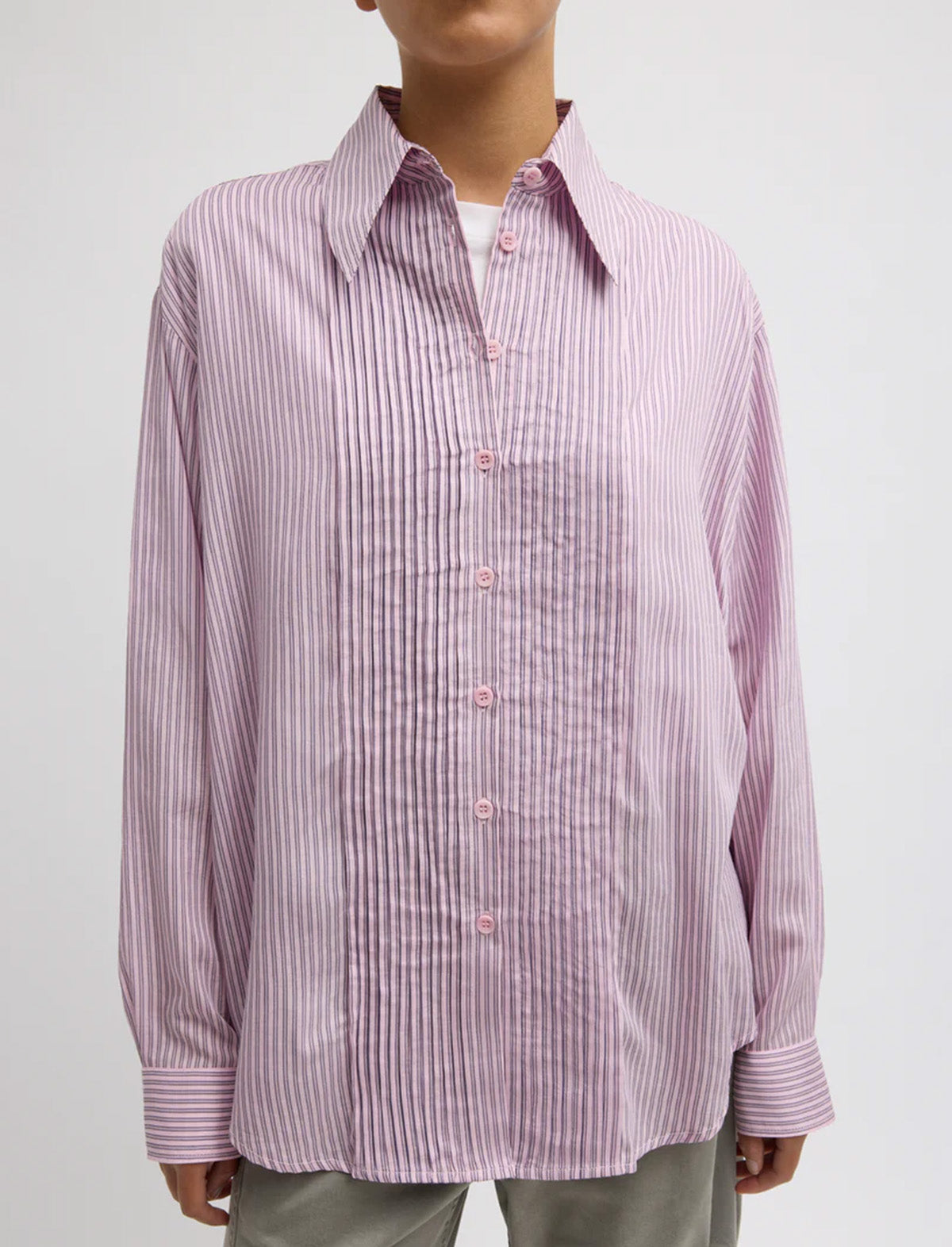 TIBI Ultra Light Silk Tencel Striped Pintucked Shirt in Pink Multi