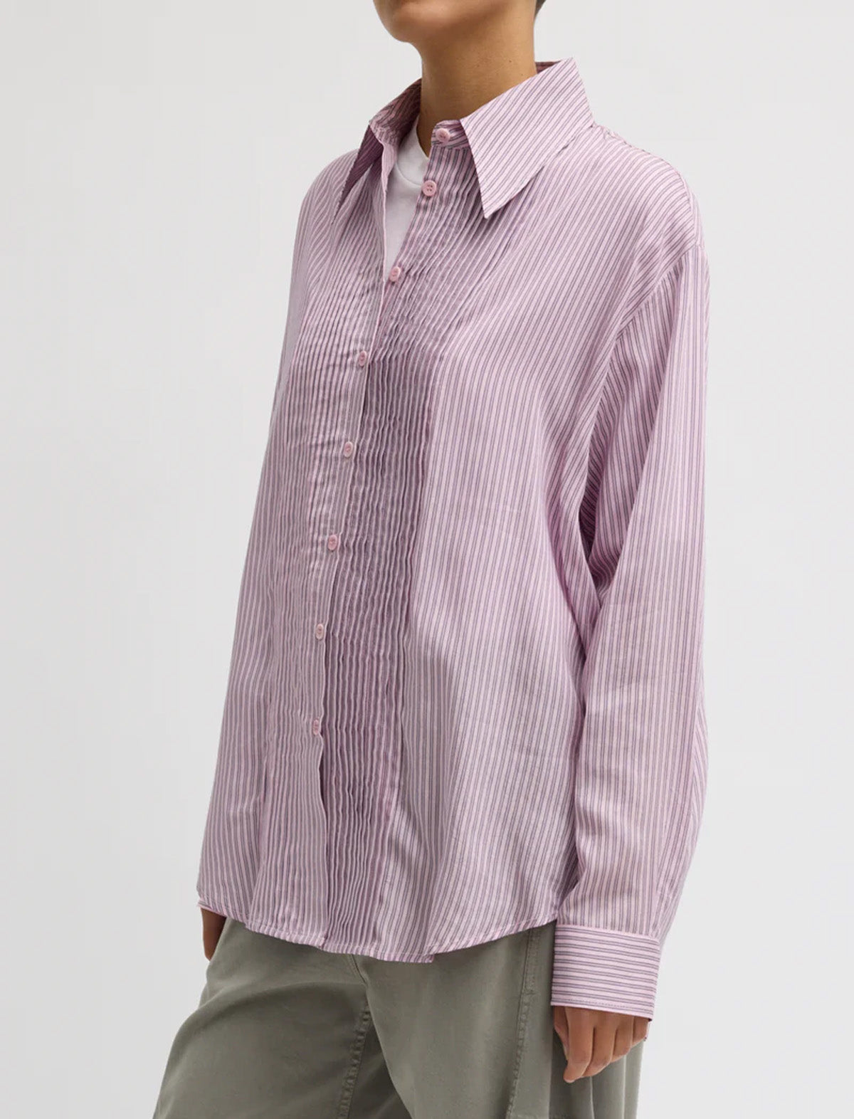TIBI Ultra Light Silk Tencel Striped Pintucked Shirt in Pink Multi
