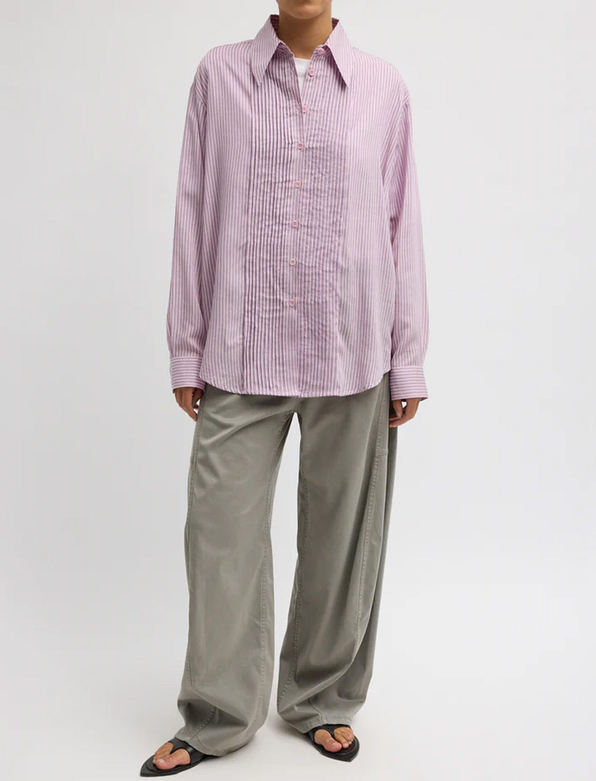 TIBI Ultra Light Silk Tencel Striped Pintucked Shirt in Pink Multi