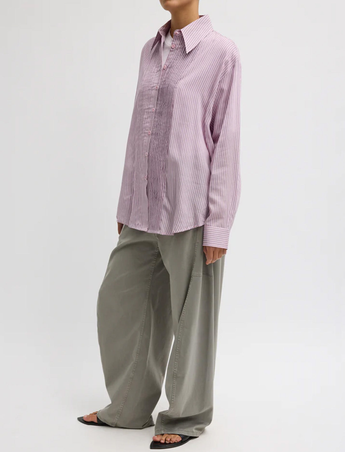 TIBI Ultra Light Silk Tencel Striped Pintucked Shirt in Pink Multi