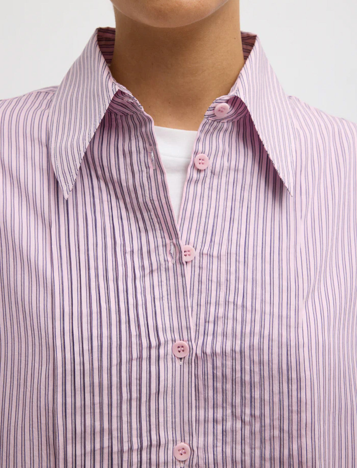 TIBI Ultra Light Silk Tencel Striped Pintucked Shirt in Pink Multi