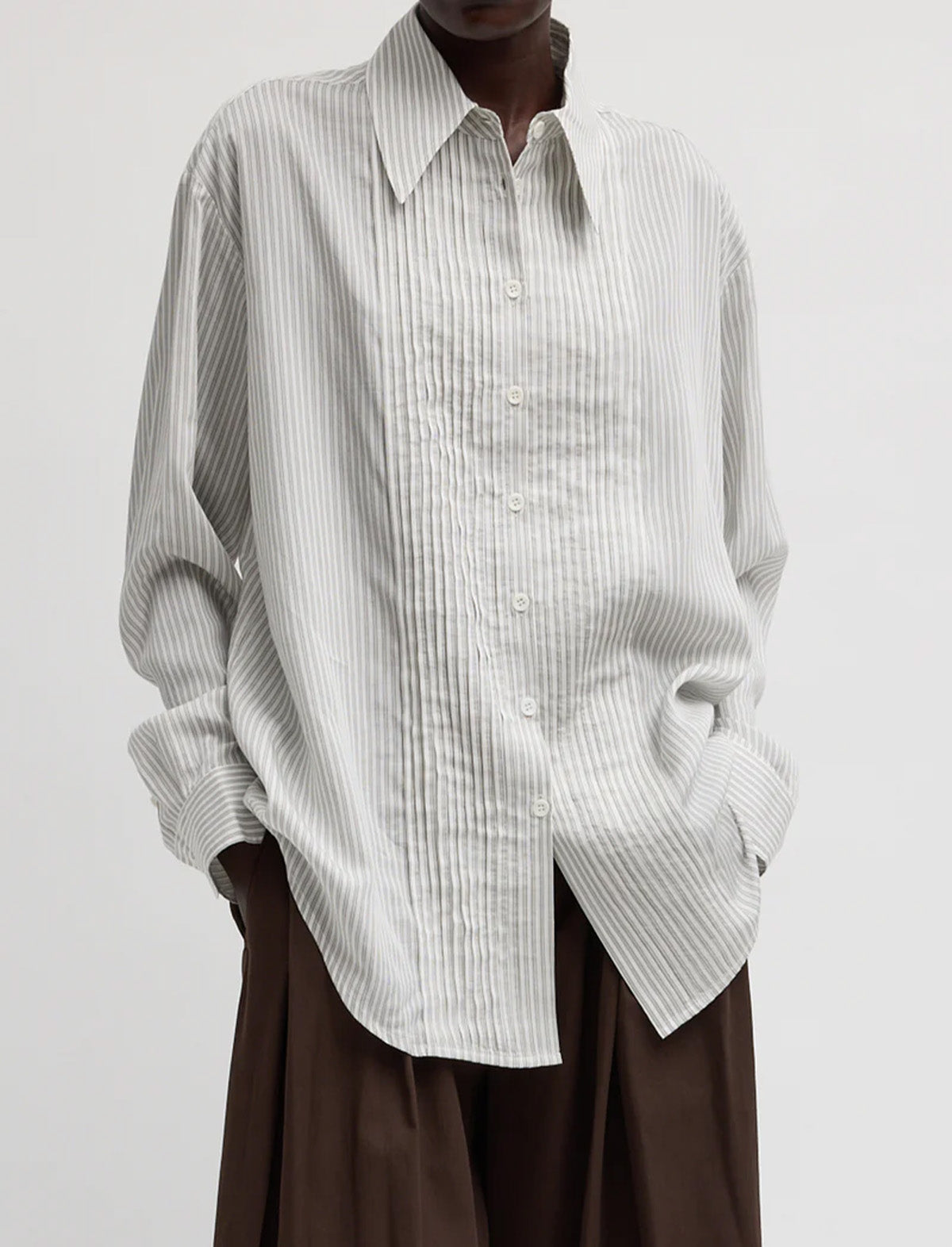 TIBI Ultra Light Silk Tencel Striped Pintucked Shirt in White Grey Multi