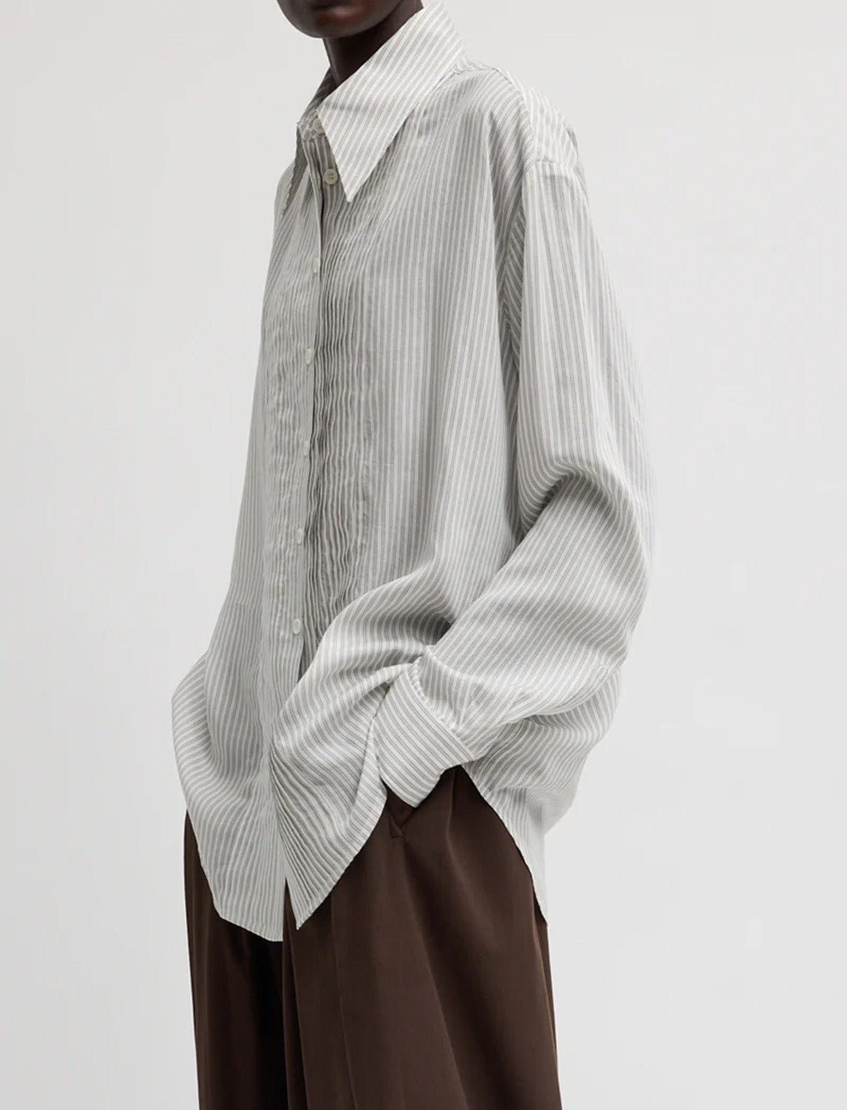 TIBI Ultra Light Silk Tencel Striped Pintucked Shirt in White Grey Multi