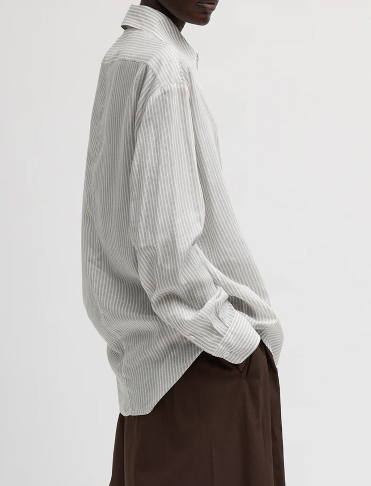 TIBI Ultra Light Silk Tencel Striped Pintucked Shirt in White Grey Multi