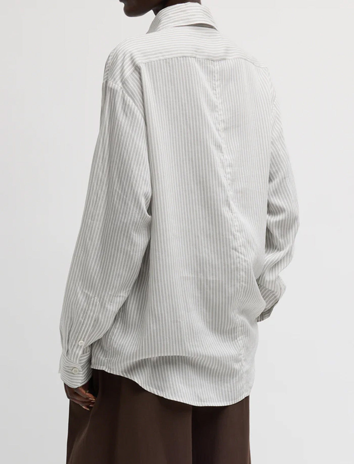 TIBI Ultra Light Silk Tencel Striped Pintucked Shirt in White Grey Multi
