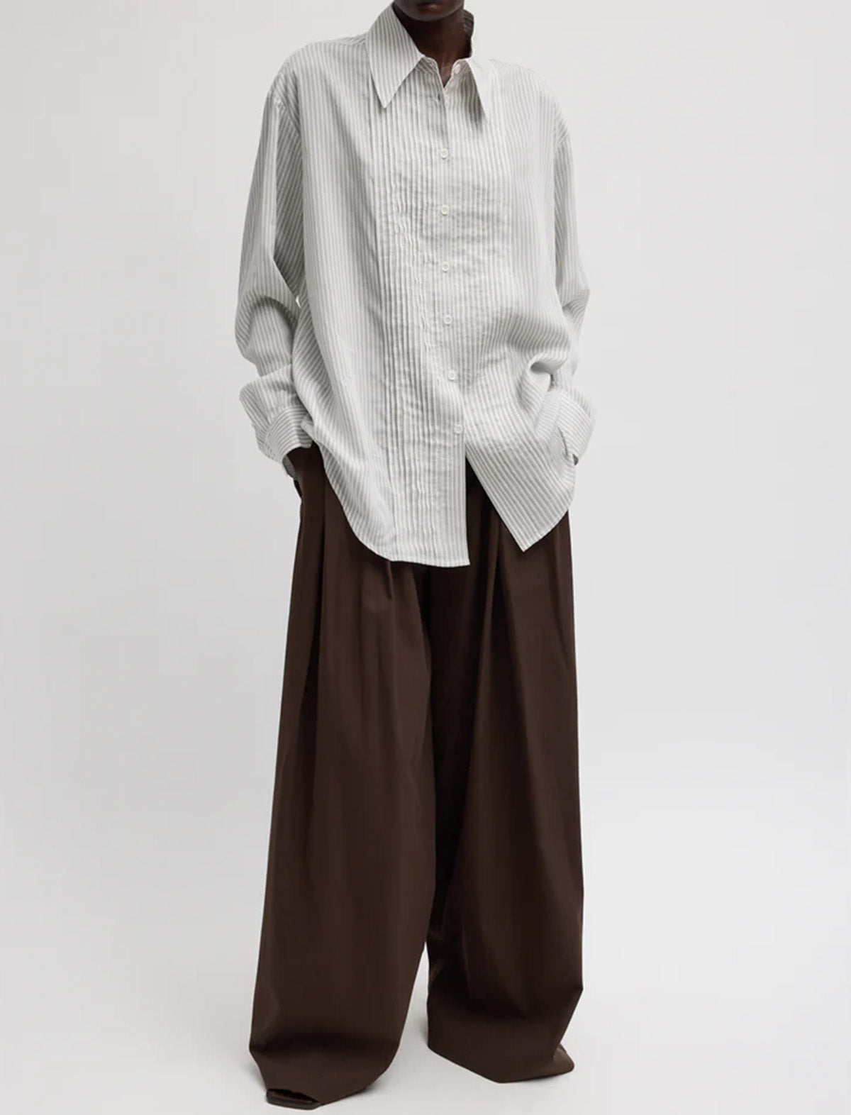 TIBI Ultra Light Silk Tencel Striped Pintucked Shirt in White Grey Multi