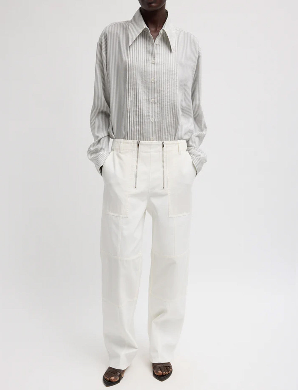 TIBI Ultra Light Silk Tencel Striped Pintucked Shirt in White Grey Multi