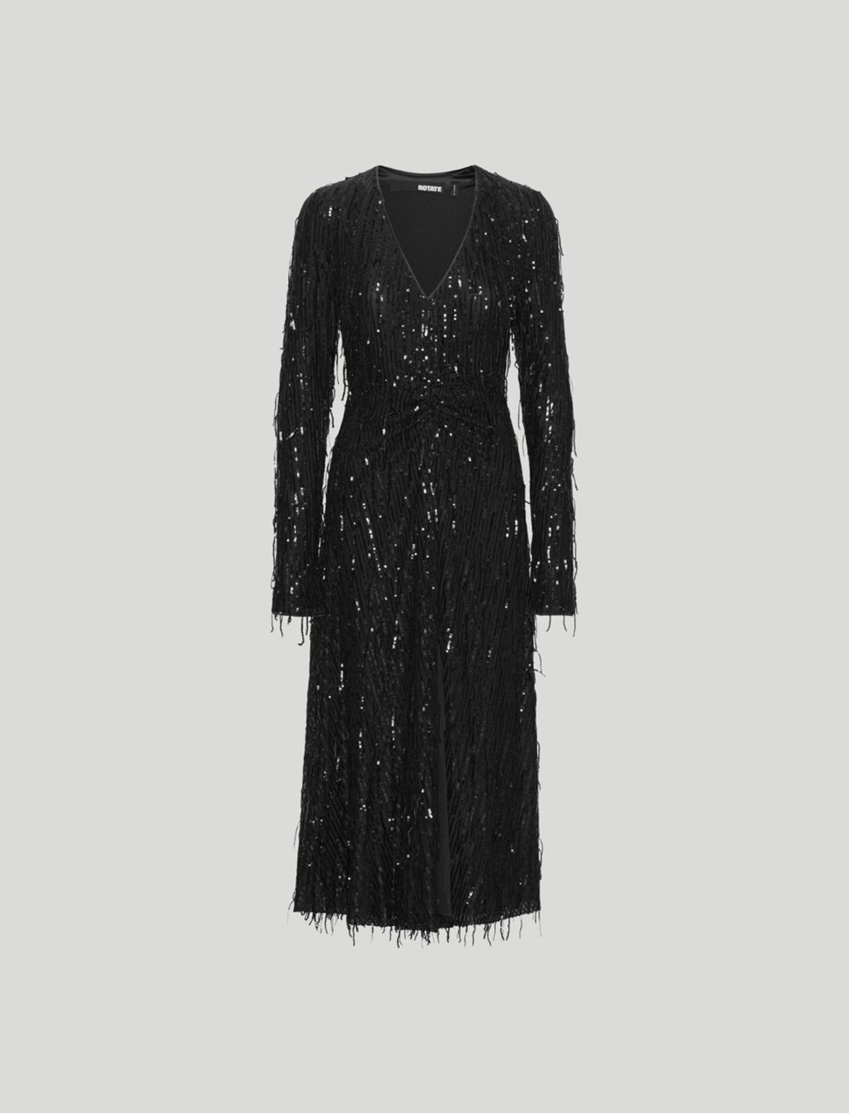 ROTATE Sierra Sequin Fringed Midi Dress in Black