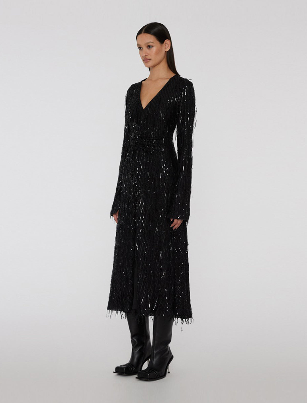 ROTATE Sierra Sequin Fringed Midi Dress in Black