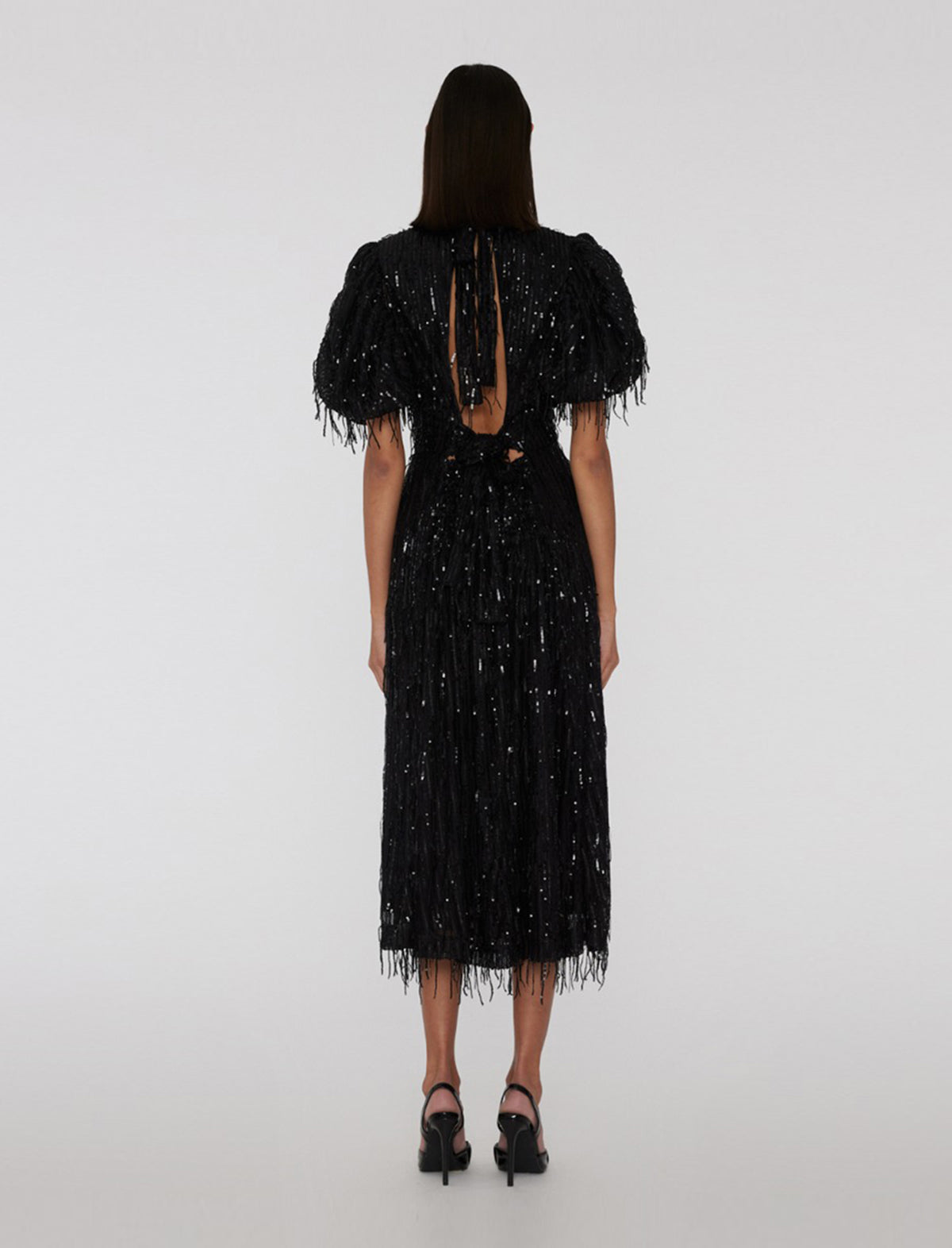 ROTATE Dawn Sequin Fringed Midi Dress in Black