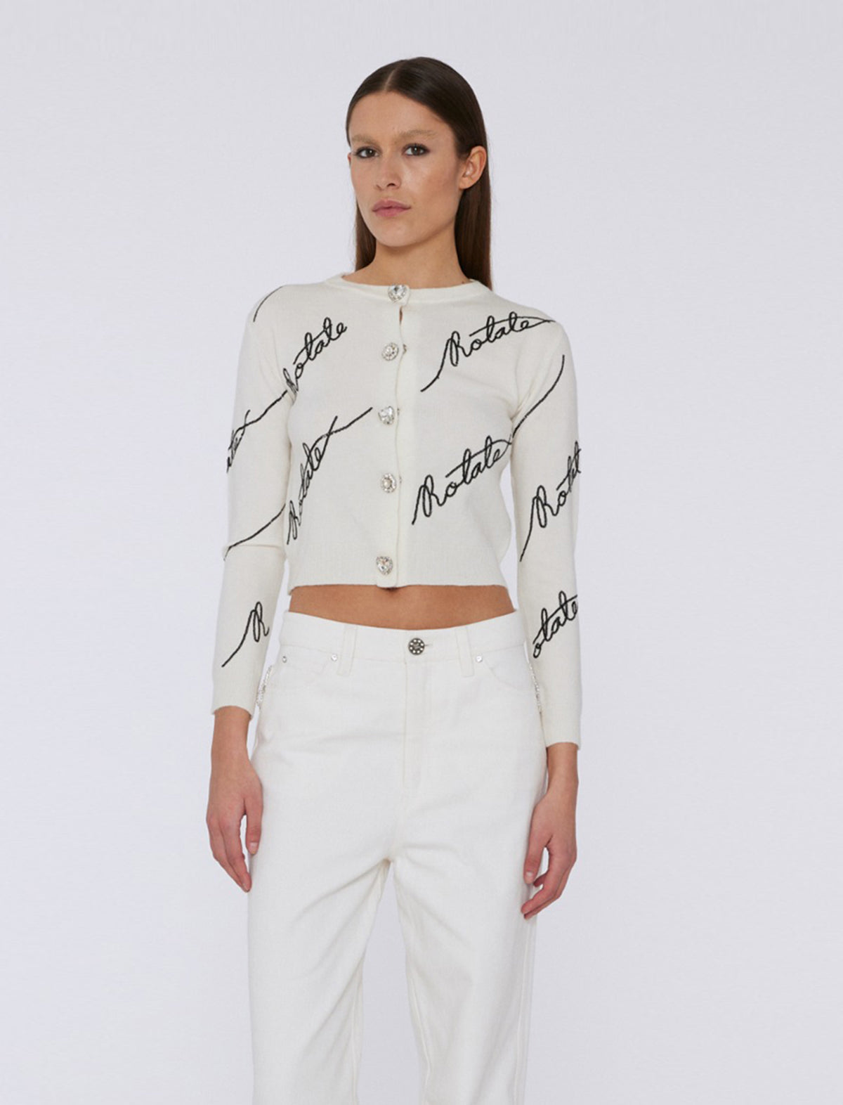 ROTATE BIRGER CHRISTENSEN Sequin Logo Cardigan in Creme