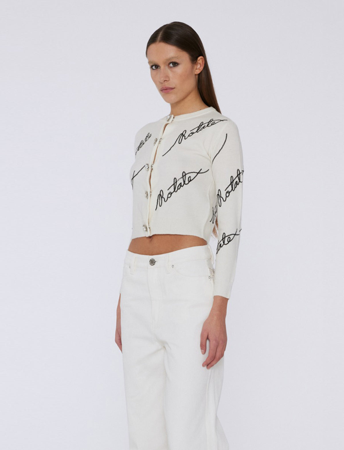 ROTATE BIRGER CHRISTENSEN Sequin Logo Cardigan in Creme