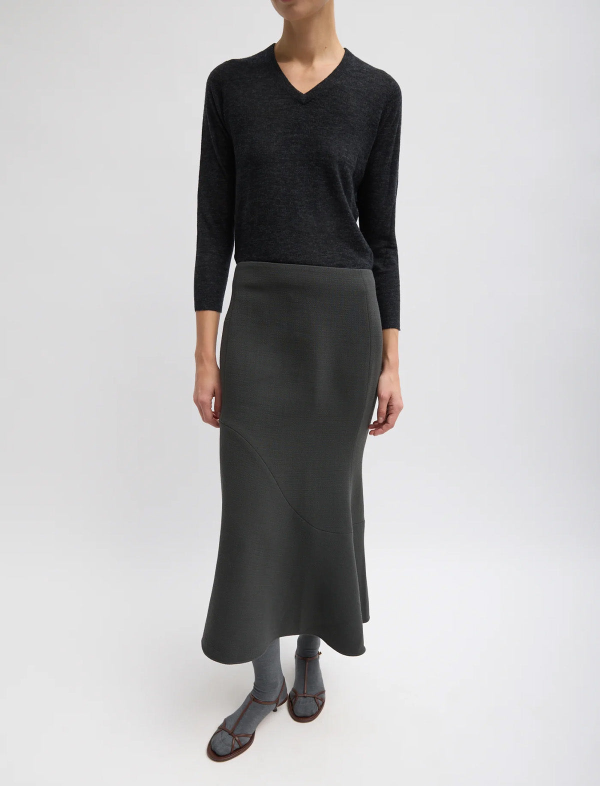 TIBI Wool Crepe Marte Fluid Skirt in Dark Grey