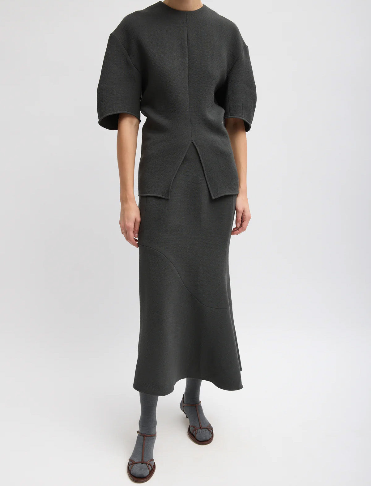 TIBI Wool Crepe Marte Fluid Skirt in Dark Grey
