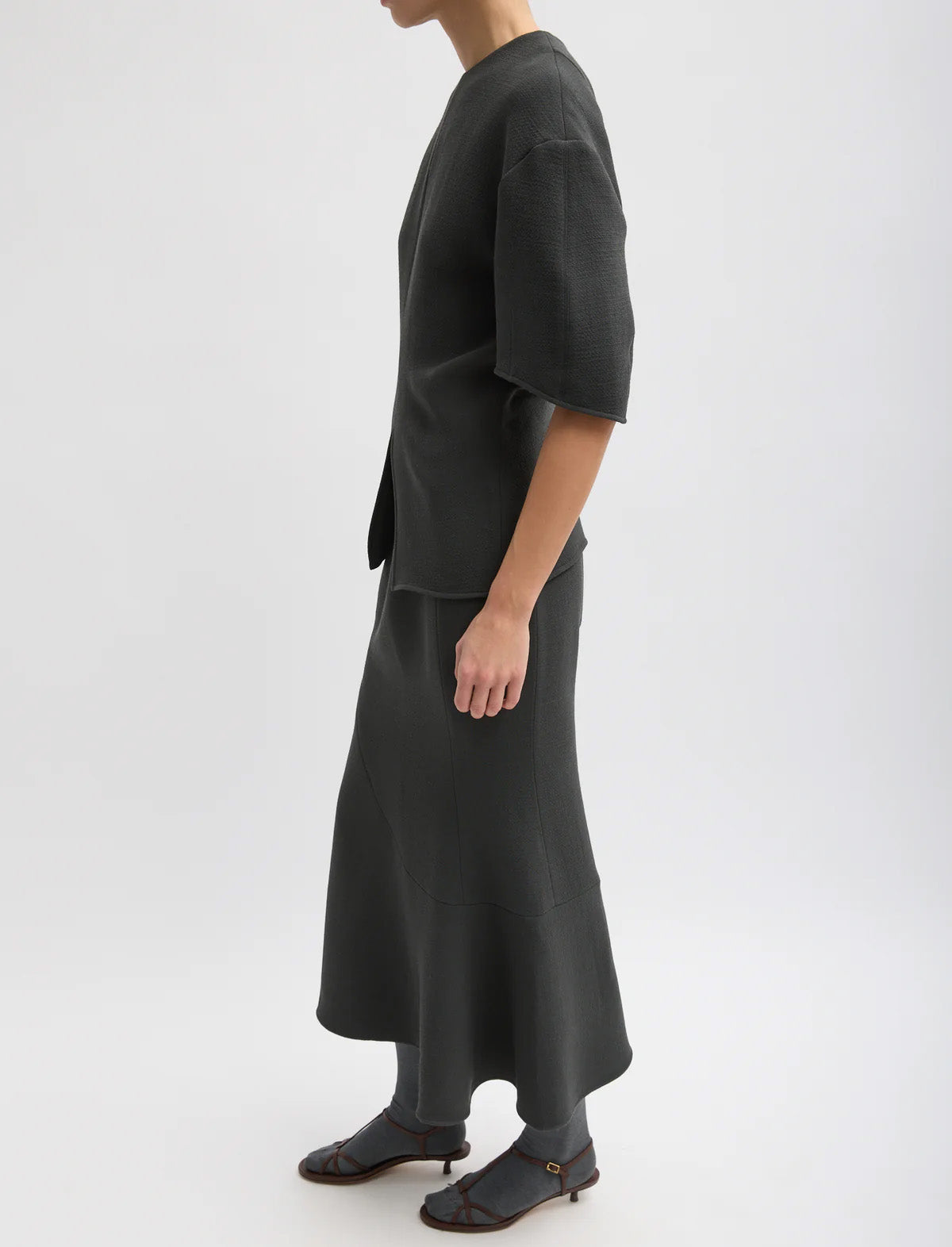 TIBI Wool Crepe Marte Fluid Skirt in Dark Grey
