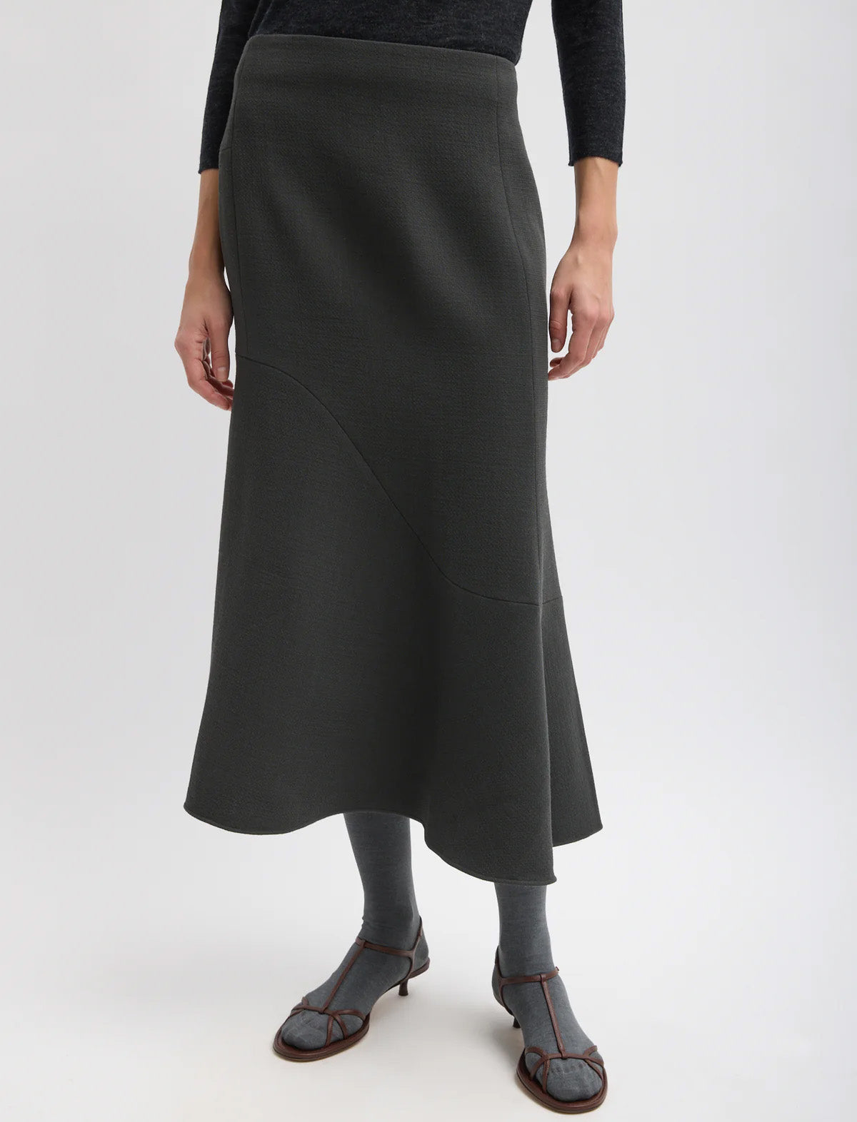 TIBI Wool Crepe Marte Fluid Skirt in Dark Grey