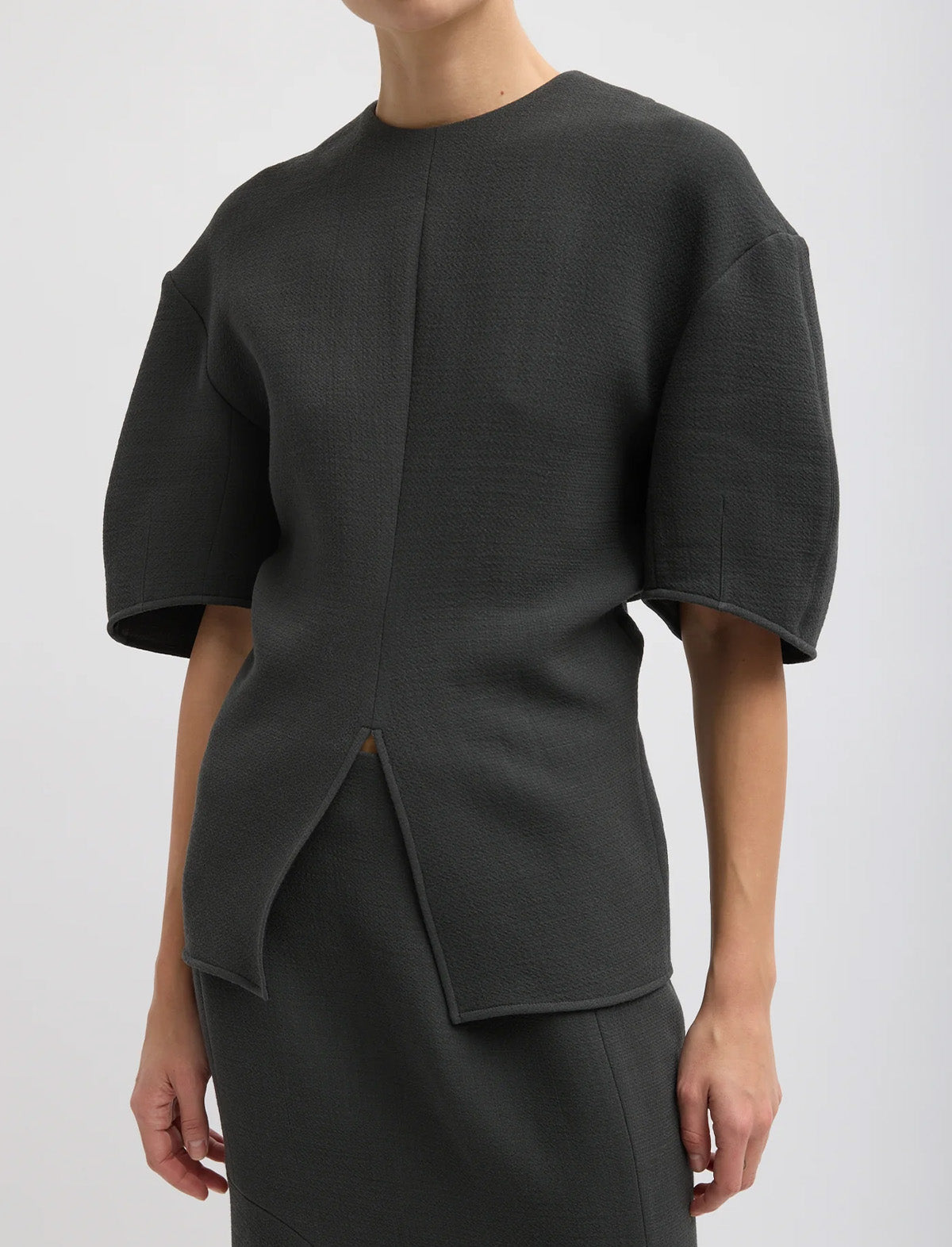 TIBI Wool Crepe Slit Front T-Shirt in Dark Grey
