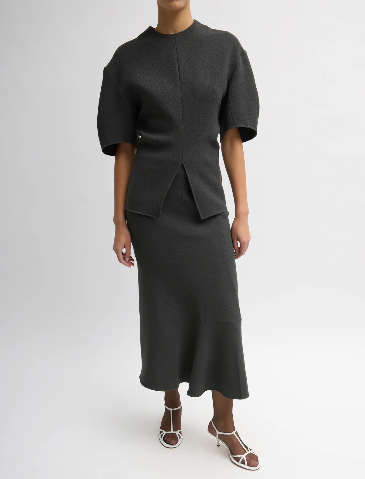 TIBI Wool Crepe Slit Front T-Shirt in Dark Grey