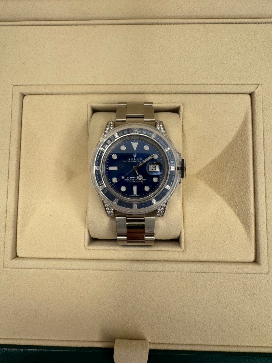 ROLEX SUBMARINER DATE White Gold Blue Dial Sapphire Baguette Diamond