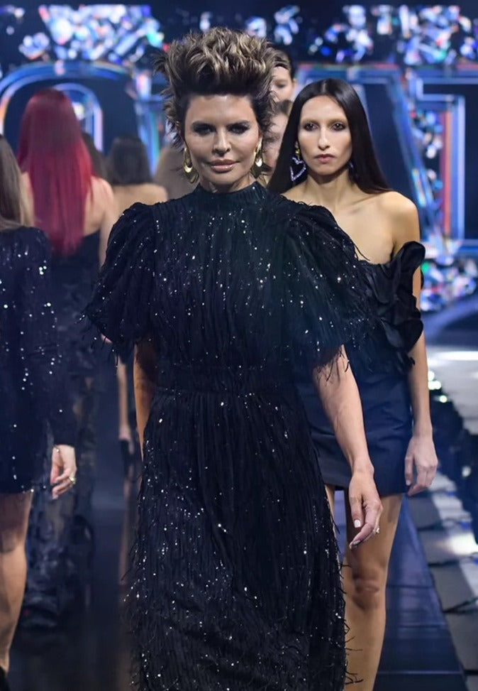 ROTATE Dawn Sequin Fringed Midi Dress in Black