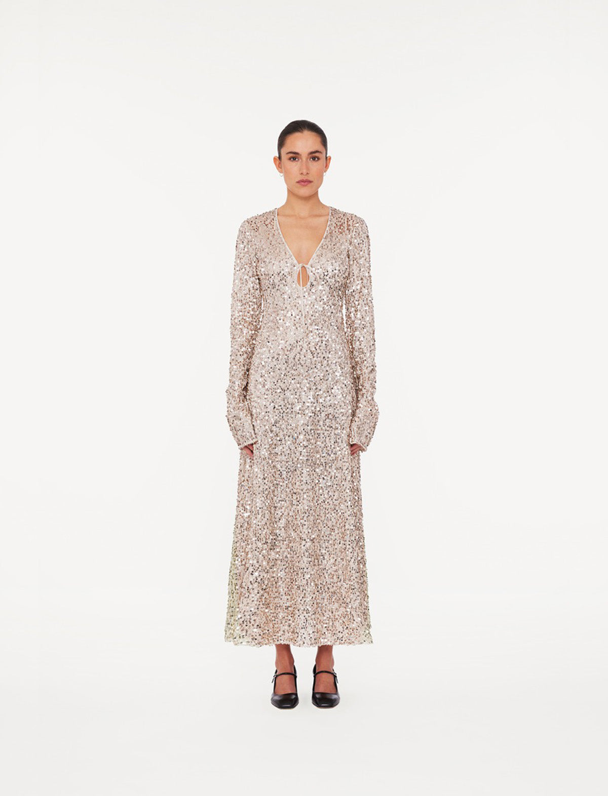 ROTATE Birger Christensen Net Sequins Midi LS 4 Dress In Macadamia