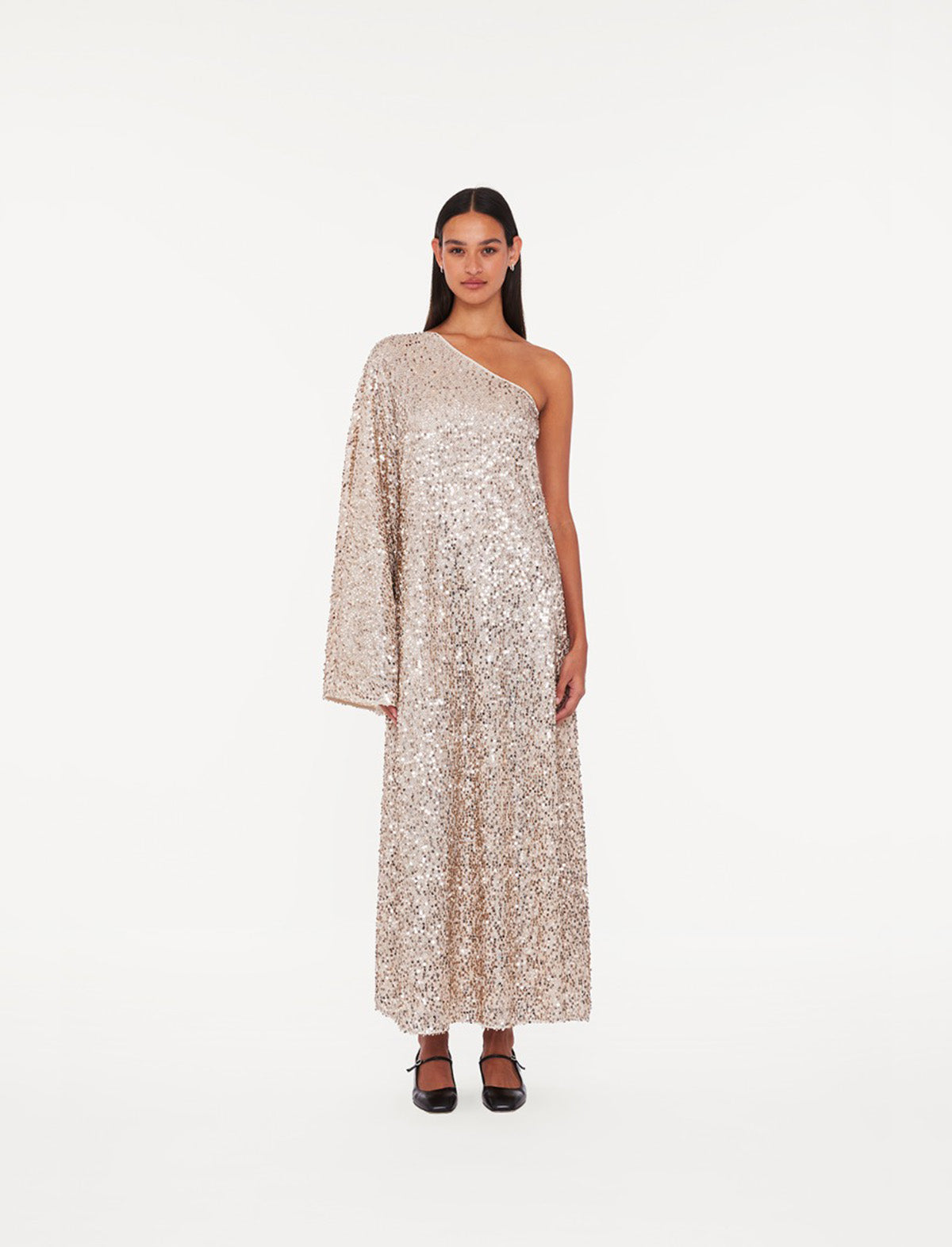 ROTATE Birger Christensen Net Sequins Maxi Dress In Macadamia