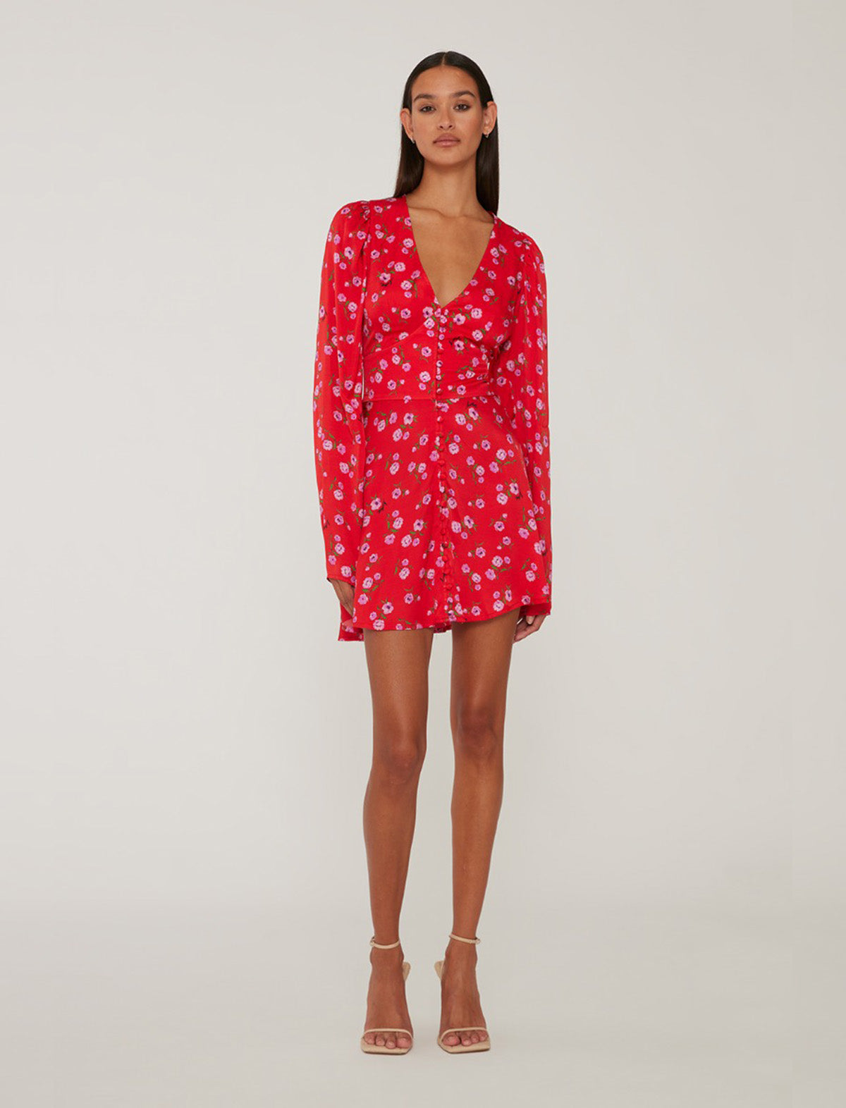 ROTATE Birger Christensen Printed V-Neck Mini Dress In Wildeve Risk Red Print
