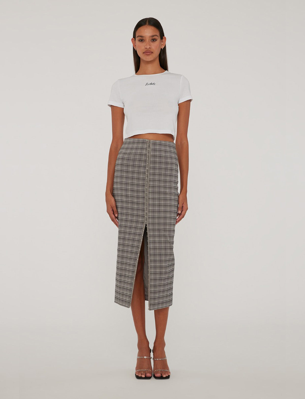 ROTATE Birger Christensen Stretchy Pencil Skirt In Gray Check+Frost Gray Comb