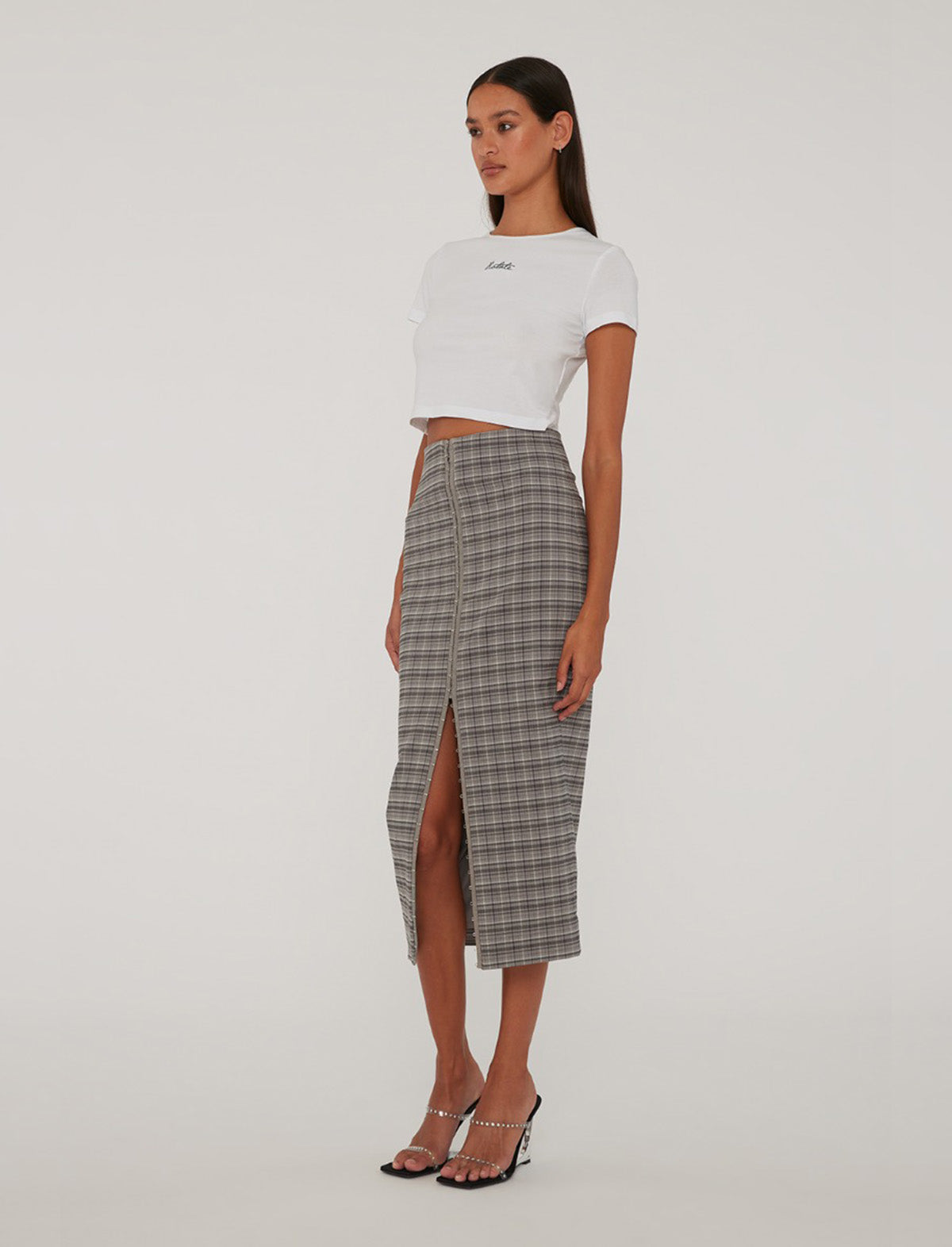 ROTATE Birger Christensen Stretchy Pencil Skirt In Gray Check+Frost Gray Comb
