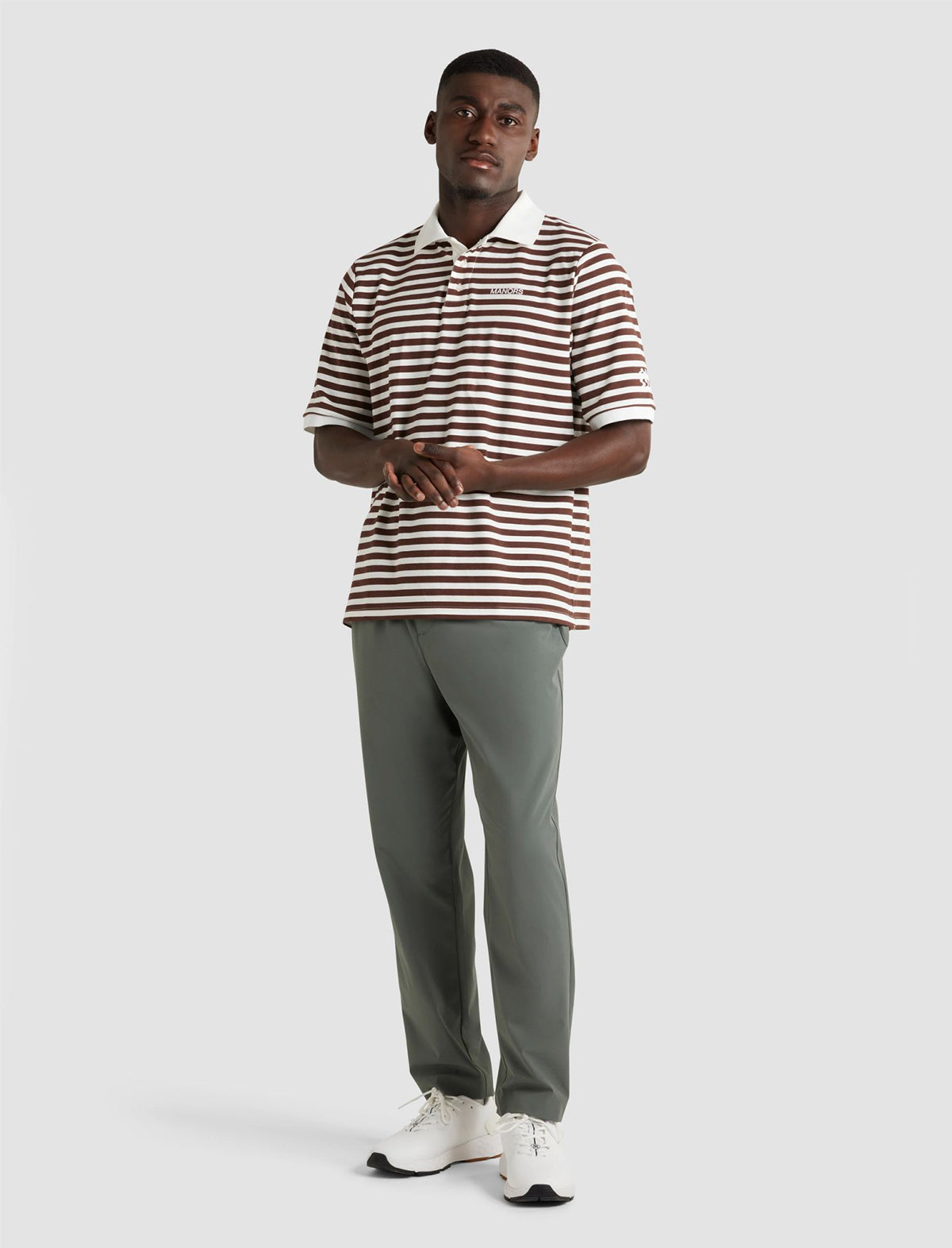MANORS GOLF Striped Pique Polo in Cream / Brown