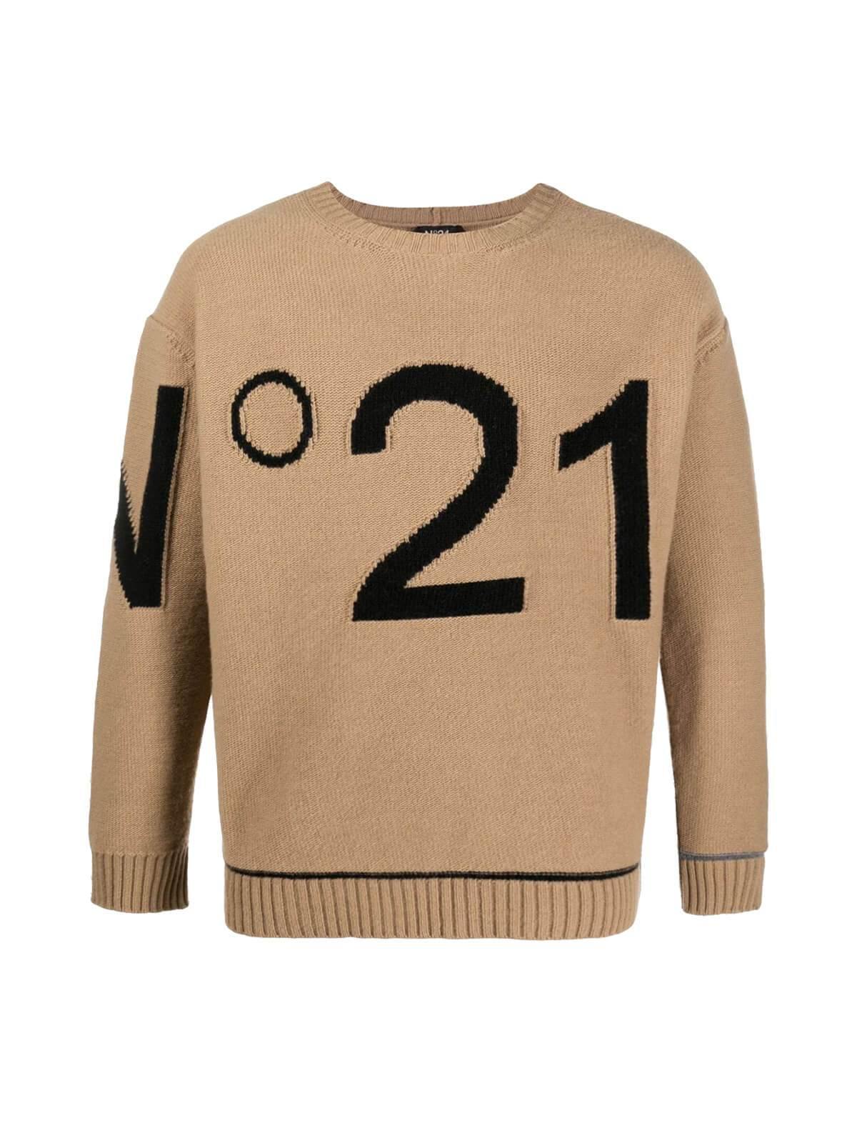 Nº21 Knitted Logo-Intarsia Wool Sweater in Warm Beige | CLOSET Singapore