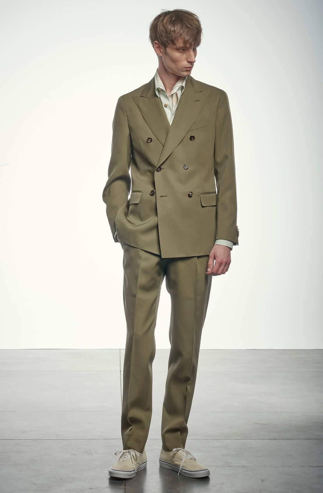 CARUSO Macbeth Double Breasted Cotton Blend Suit in Khaki