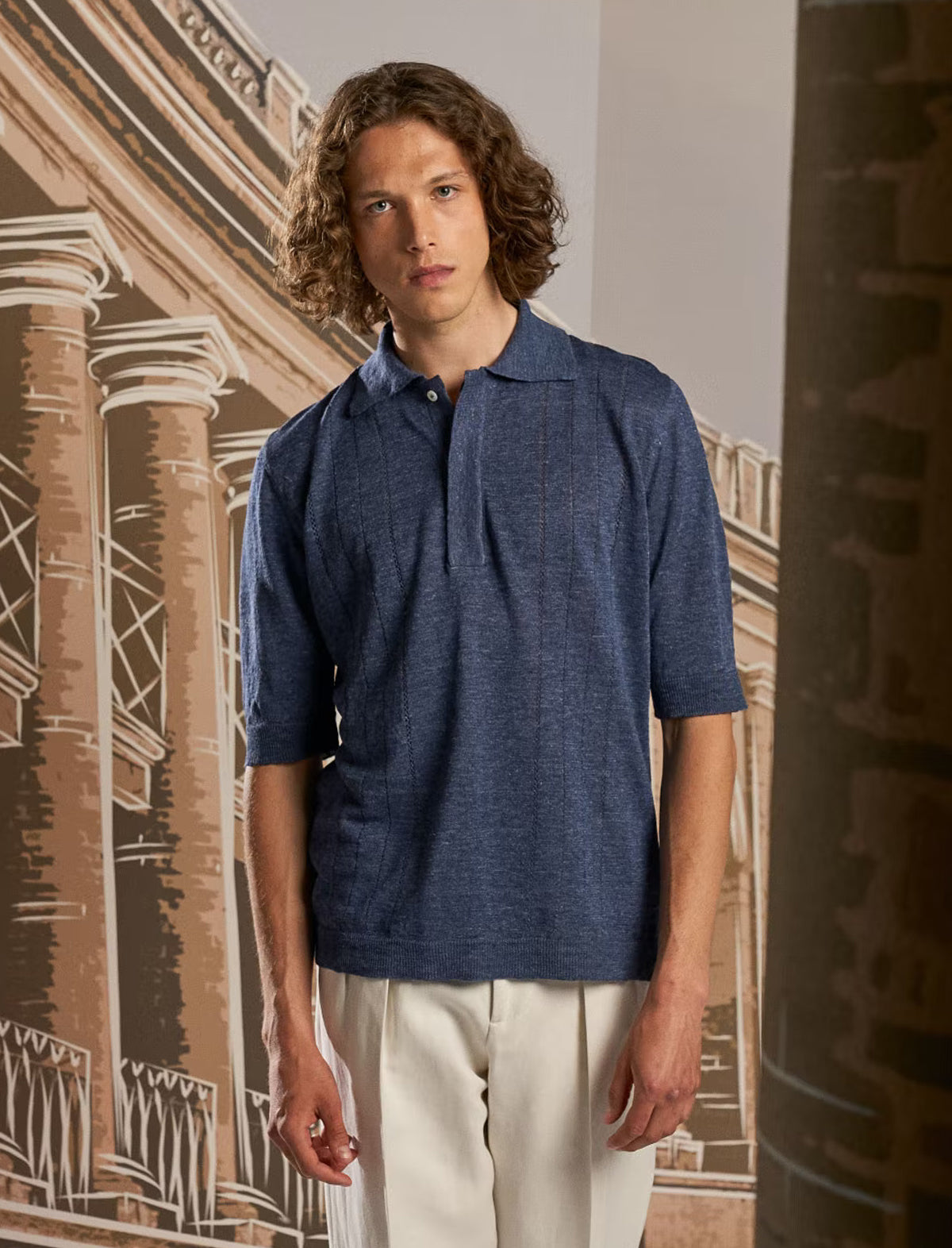 LARDINI Flax Knitted Polo Shirt in Blue