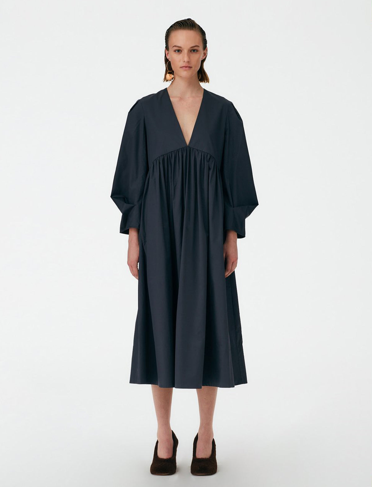 TIBI Eco-Poplin V-Neck Pleated Dress in Dark Grey