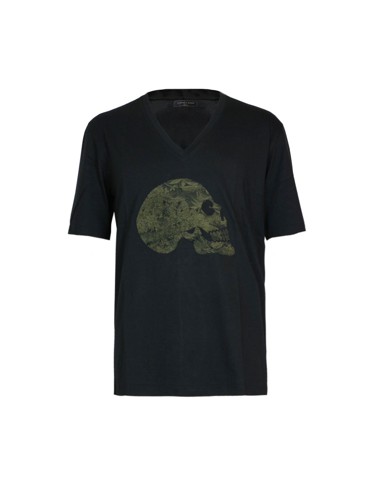 Gabriele Pasini Signature Skull Motif V-Neck Tee in Black