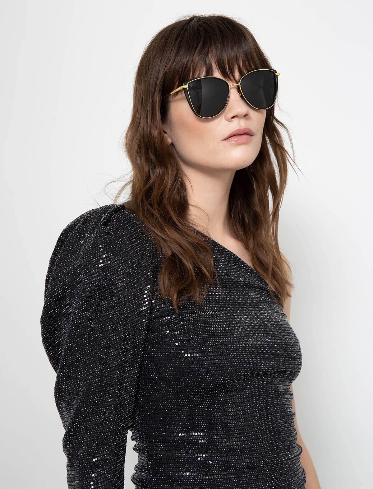 LINDA FARROW Liza Cat Eye Sunglasses In Black And 22-Carat Yellow Gold | CLOSET Singapore