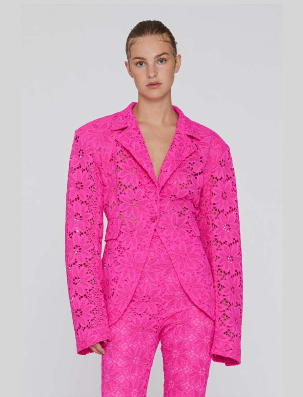 ROTATE Birger Christensen Lace Figure Fitted Blazer in Pink Glo