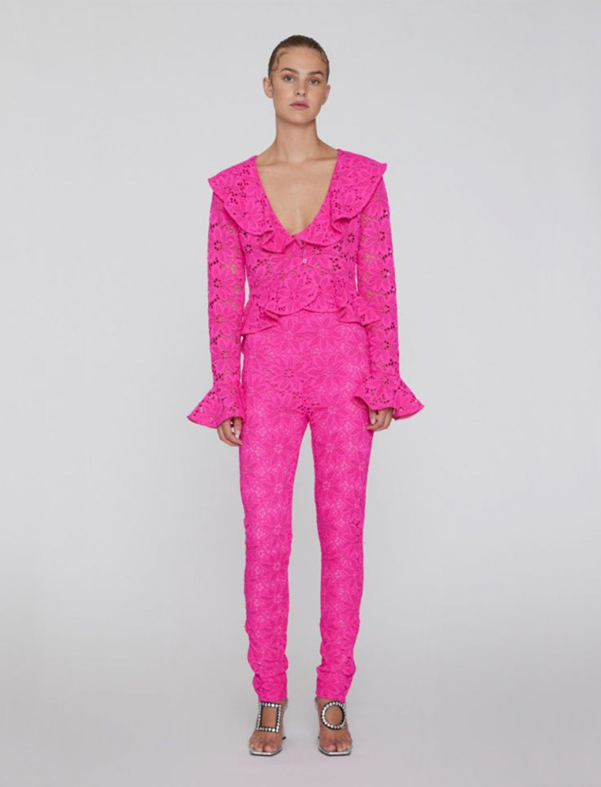 ROTATE Birger Christensen Heavy Lace High Rise Pants in Pink Glo